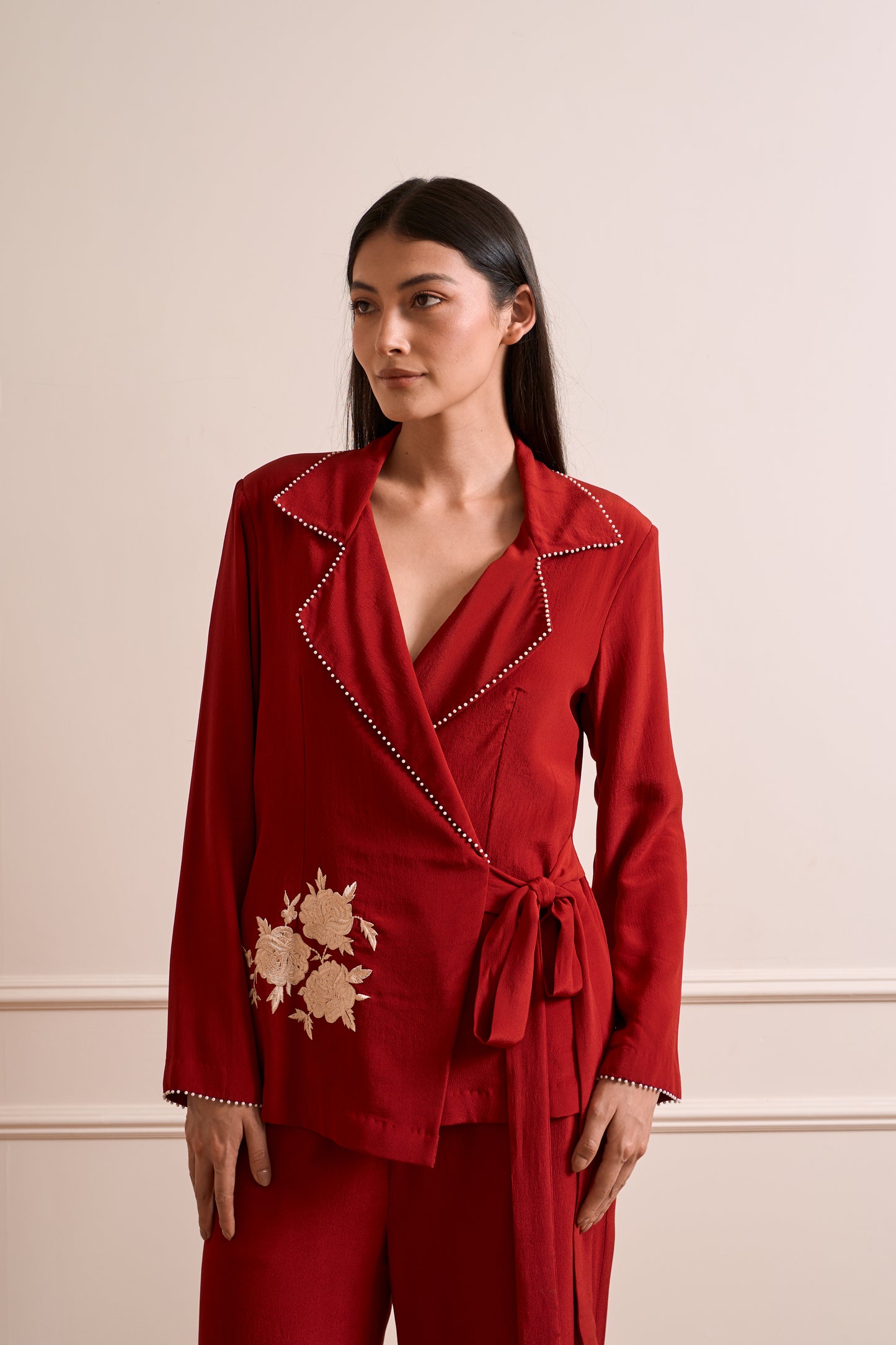 NOOR Red Pure Silk Crepe Wrapped Blazer with Straight Pants