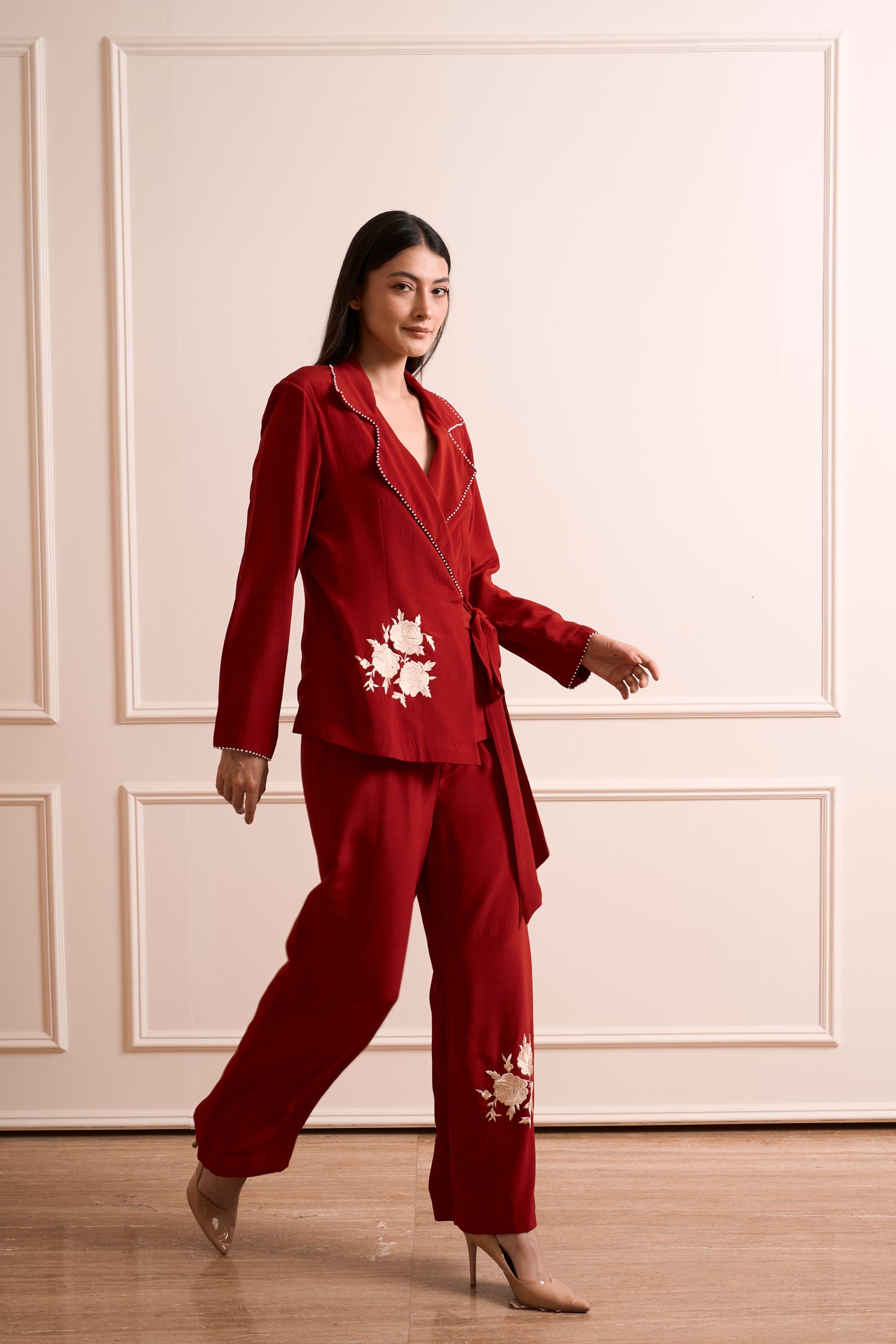 NOOR Red Pure Silk Crepe Wrapped Blazer with Straight Pants