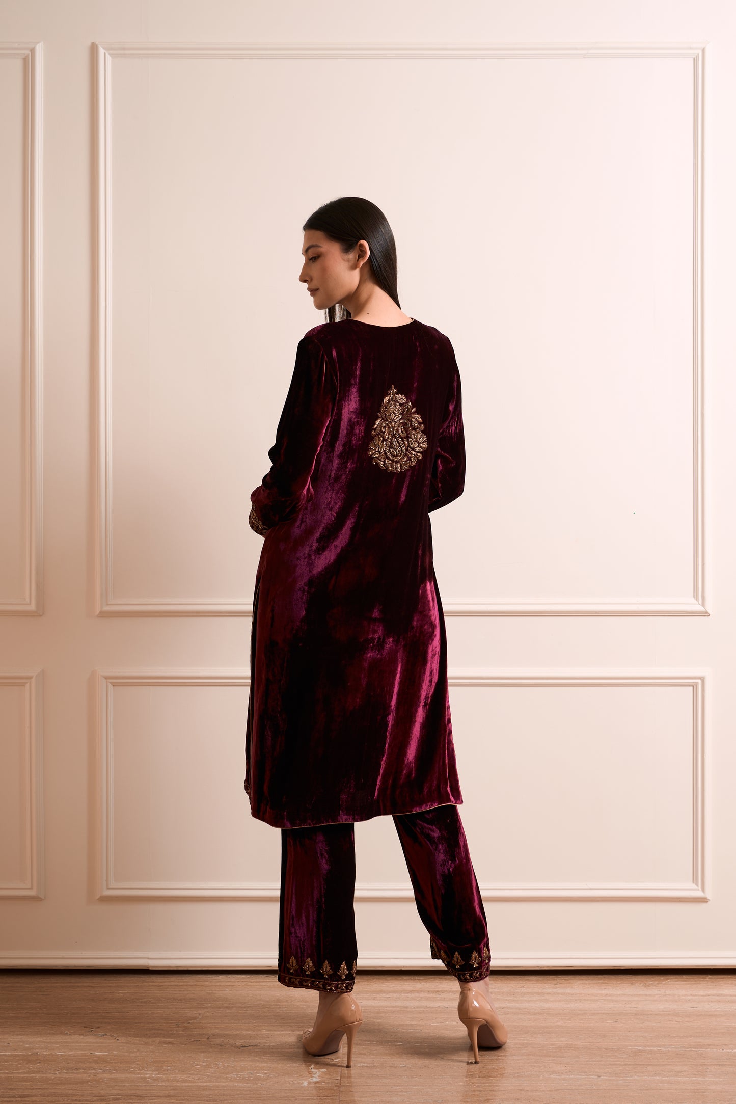 Kesar Wine Pure Silk Kurta Set with Embroidered Dupatta