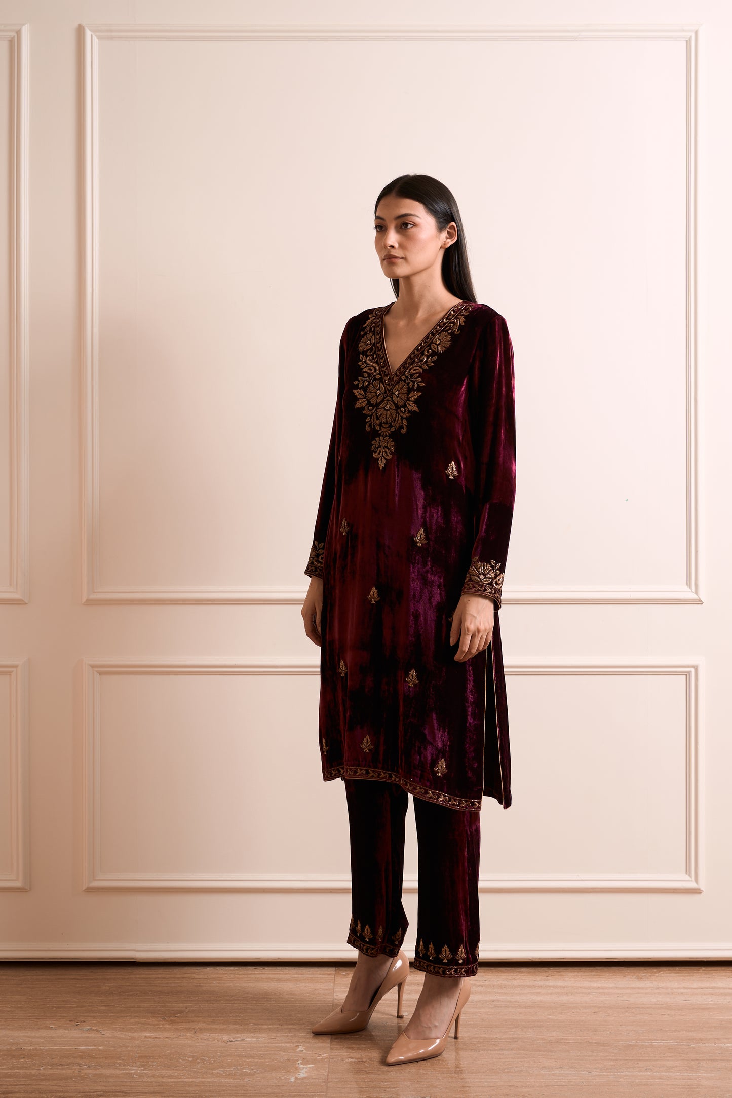 Kesar Wine Pure Silk Kurta Set with Embroidered Dupatta