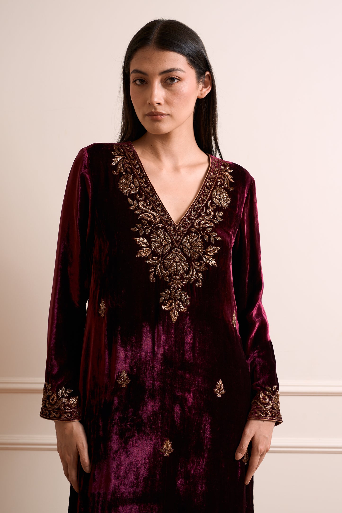 Kesar Wine Pure Silk Kurta Set with Embroidered Dupatta