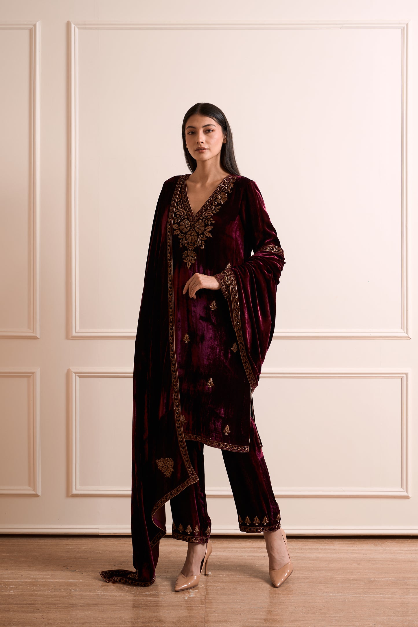 Kesar Wine Pure Silk Kurta Set with Embroidered Dupatta