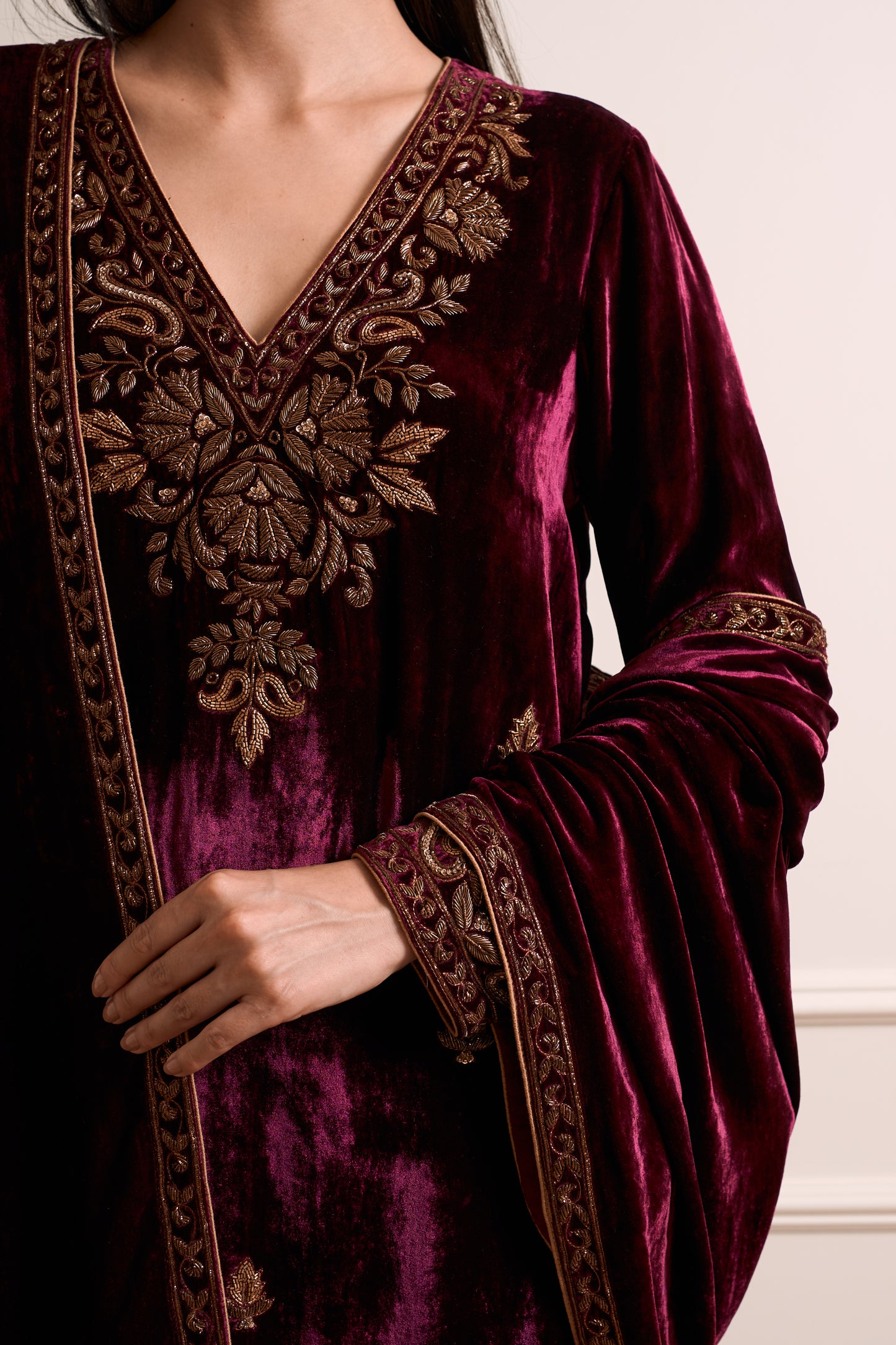 Kesar Wine Pure Silk Kurta Set with Embroidered Dupatta