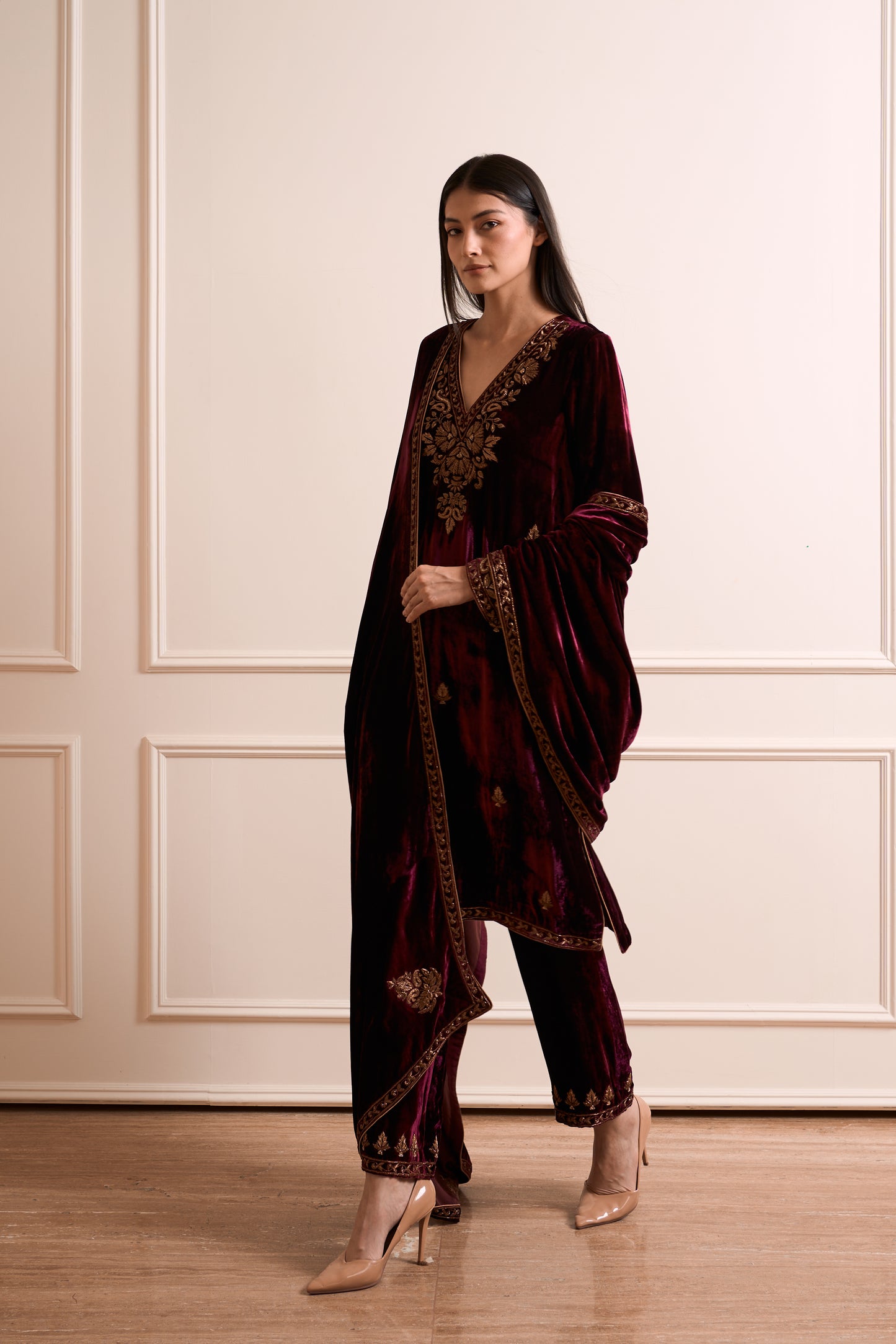 Kesar Wine Pure Silk Kurta Set with Embroidered Dupatta