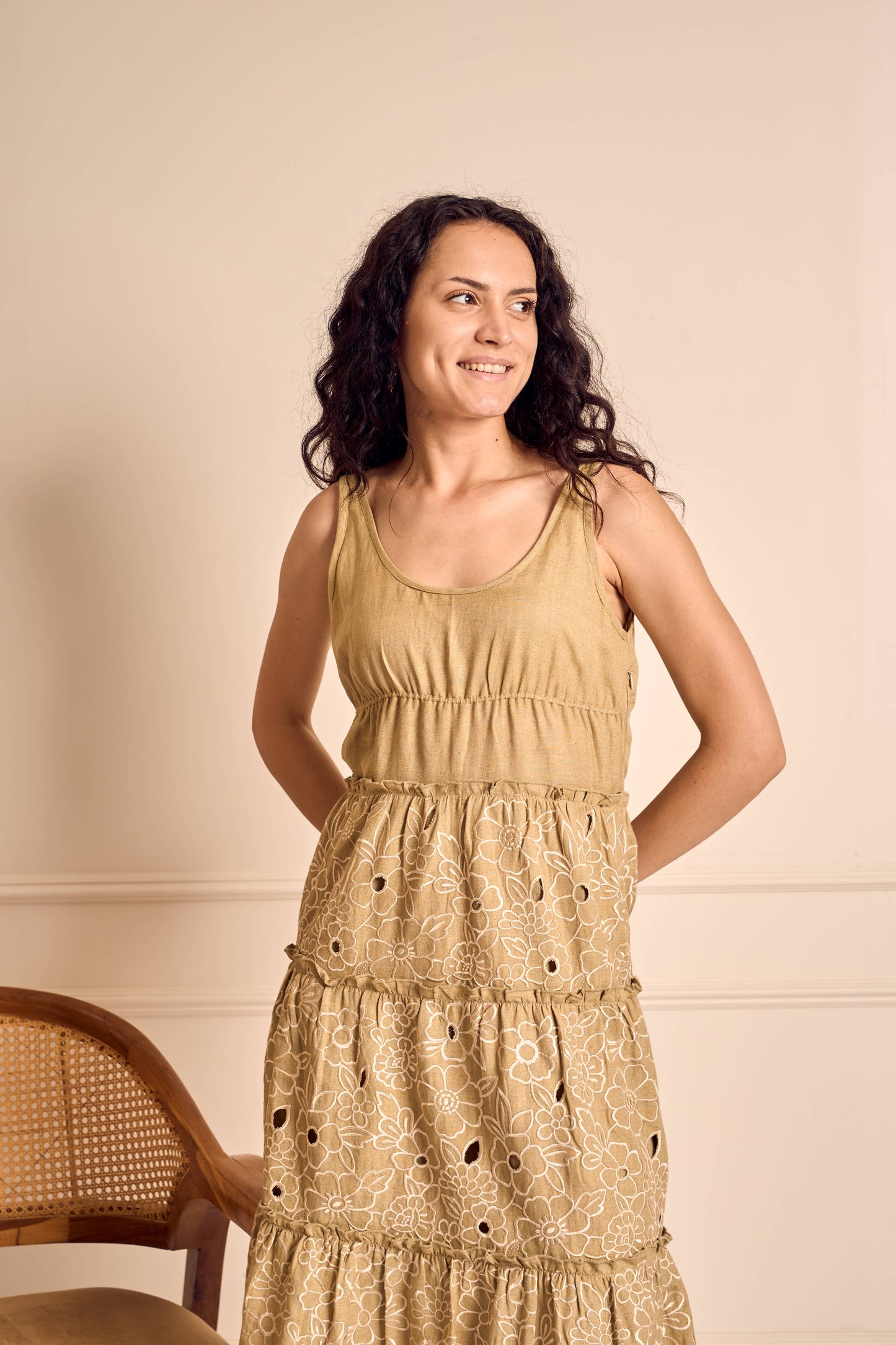 FLUER ELAN SAGE Cutwork Embroidery Tiered Midi Dress