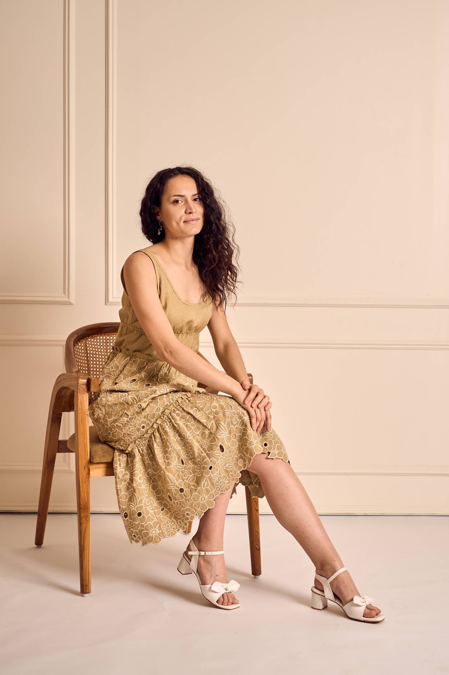 FLUER ELAN SAGE Cutwork Embroidery Tiered Midi Dress