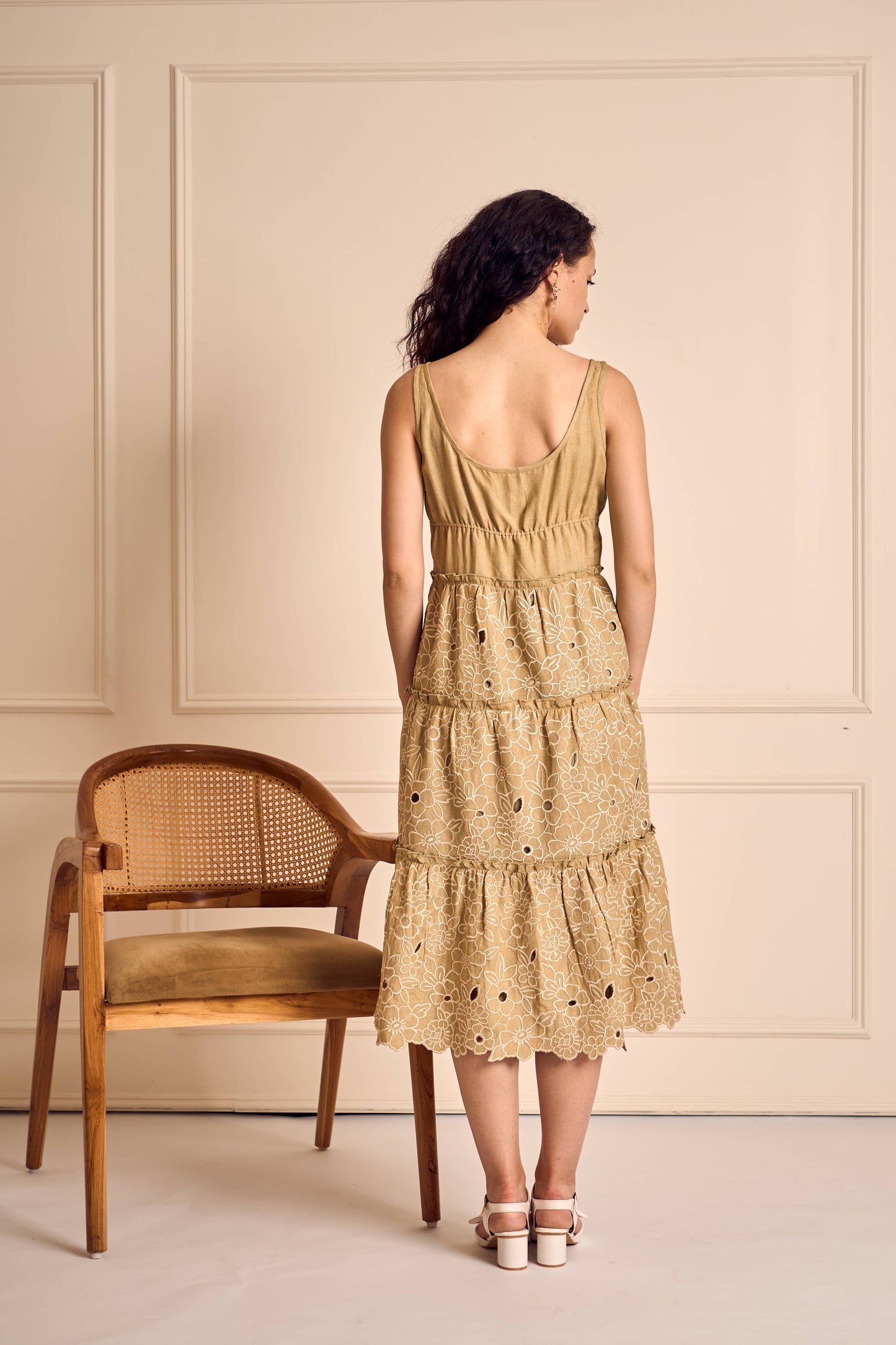 FLUER ELAN SAGE Cutwork Embroidery Tiered Midi Dress
