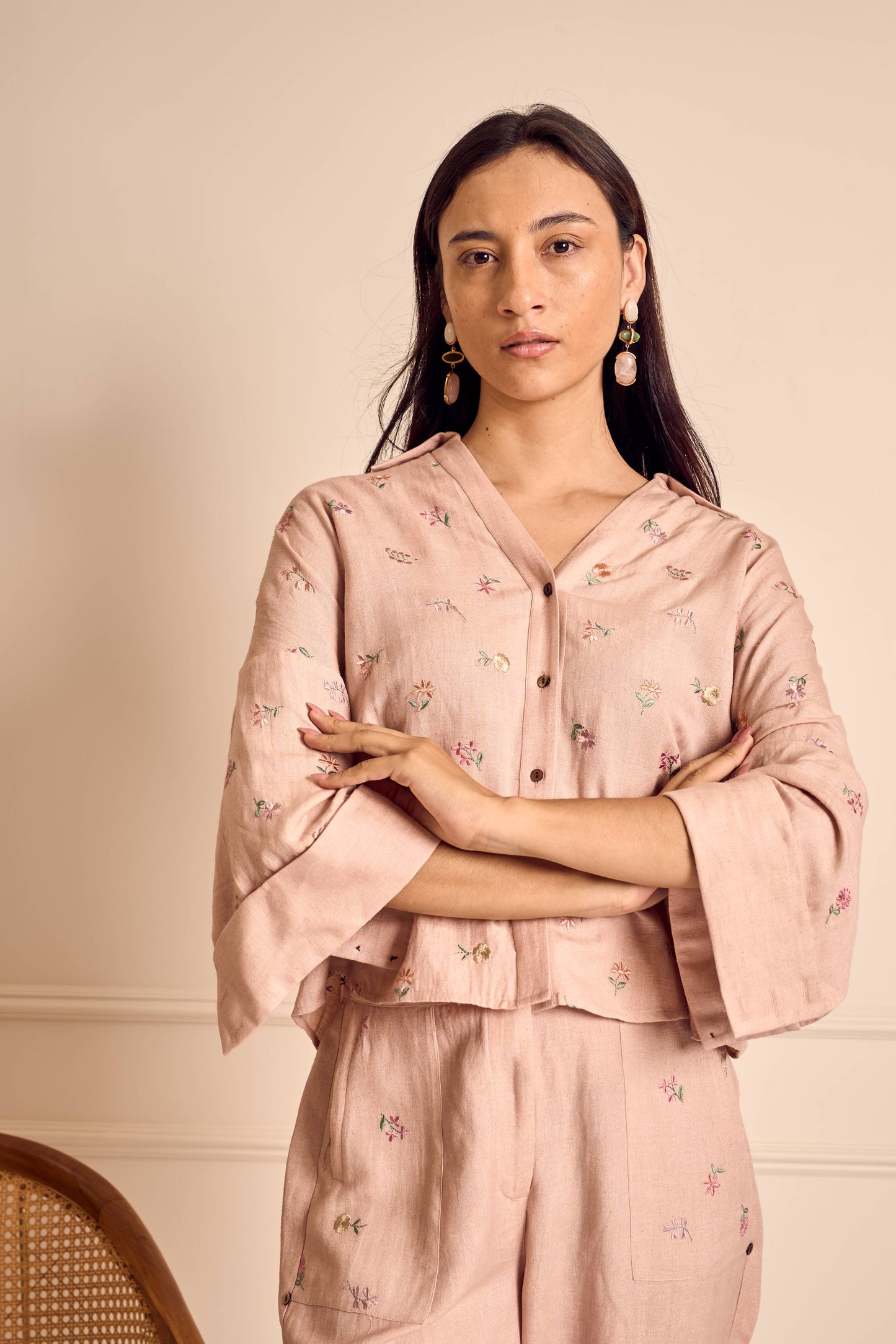 MEADOW MUSE PINK LINEN Ditsy embroidered Coord set