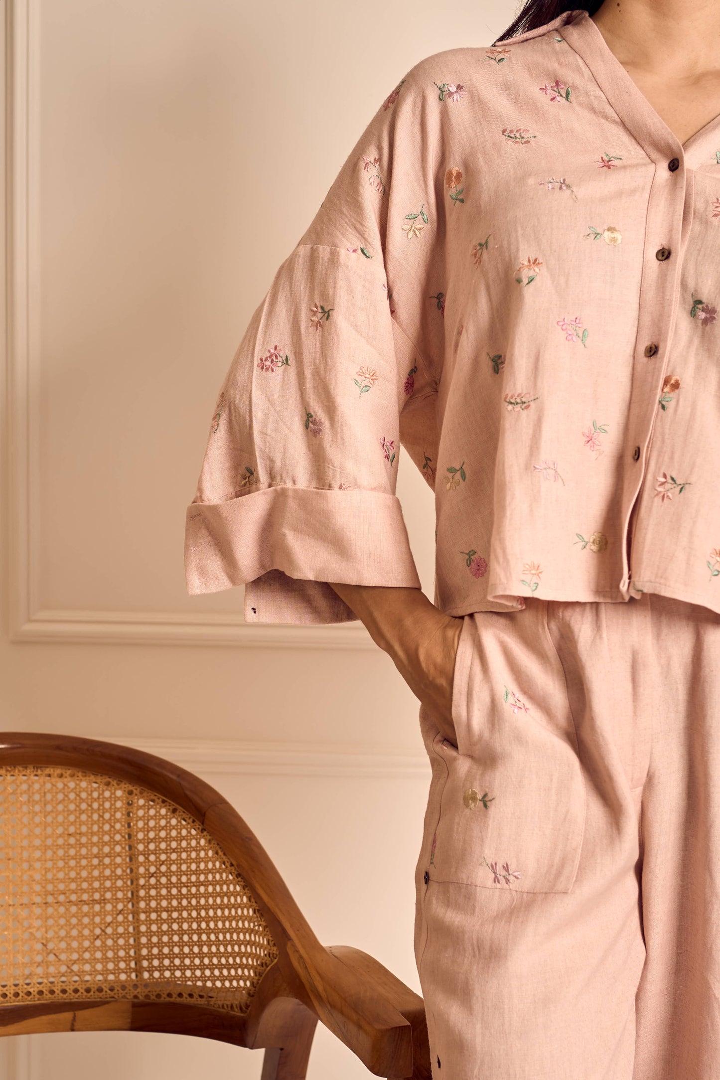 MEADOW MUSE PINK LINEN Ditsy embroidered Coord set