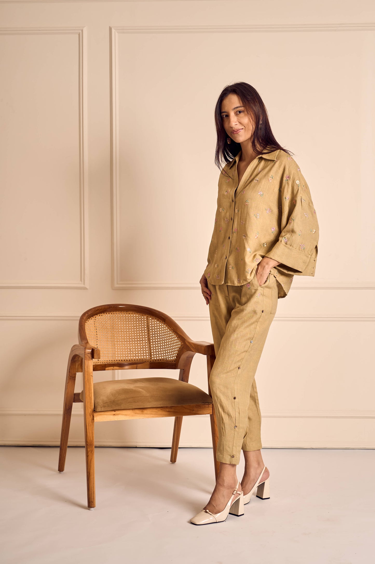 MEADOW MUSE SAGE Ditsy flower embroirdered Coord set in Linen