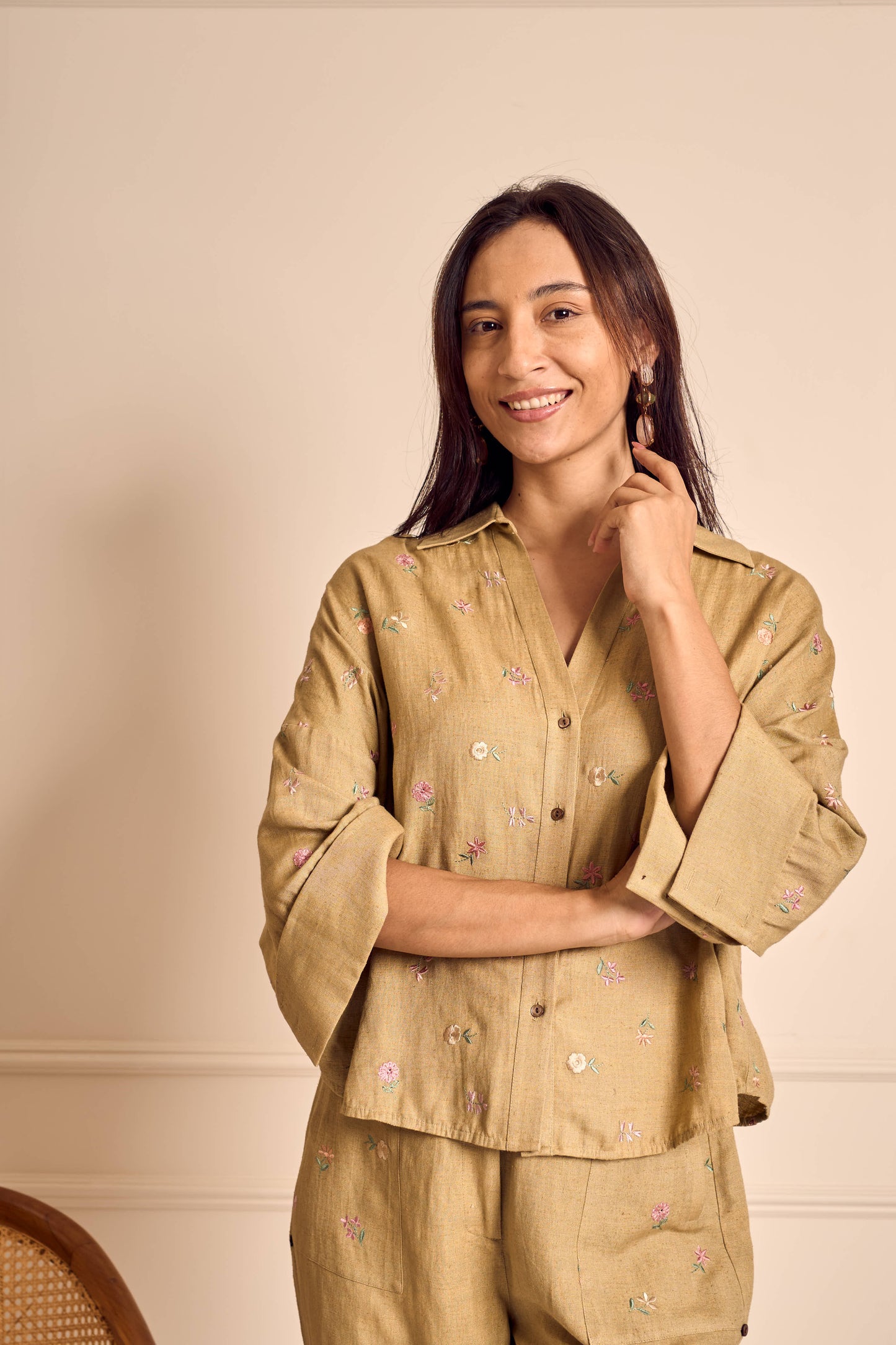 MEADOW MUSE SAGE Ditsy flower embroirdered Coord set in Linen