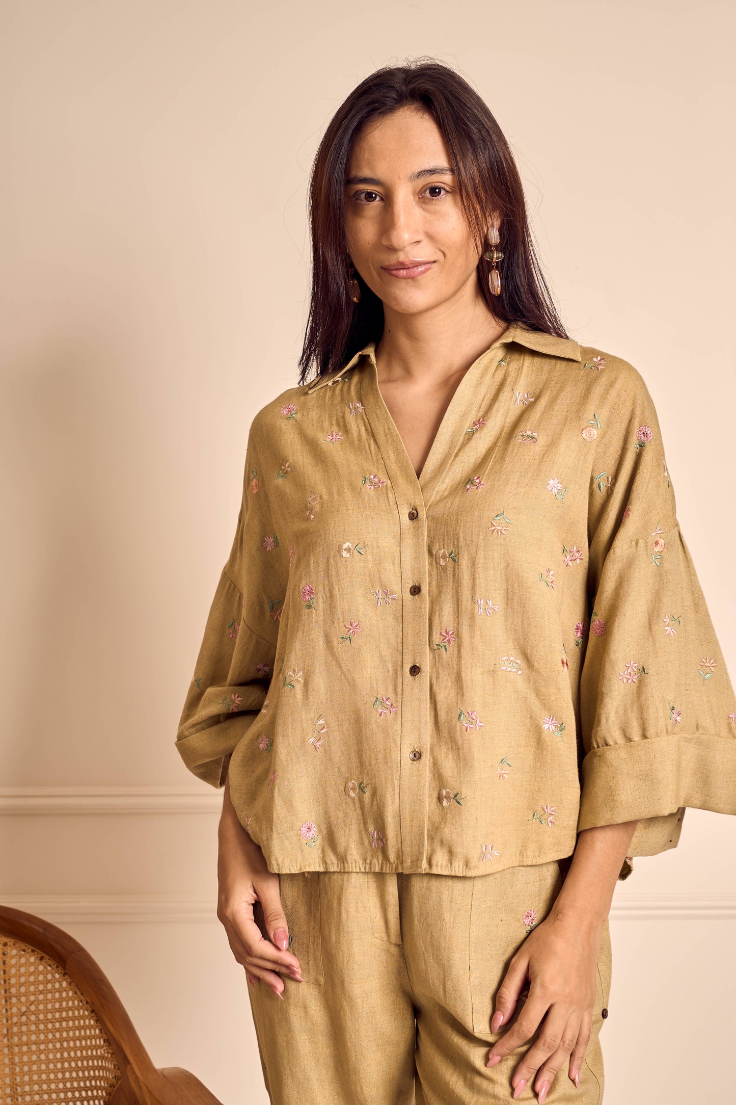 MEADOW MUSE SAGE Ditsy flower embroirdered Coord set in Linen