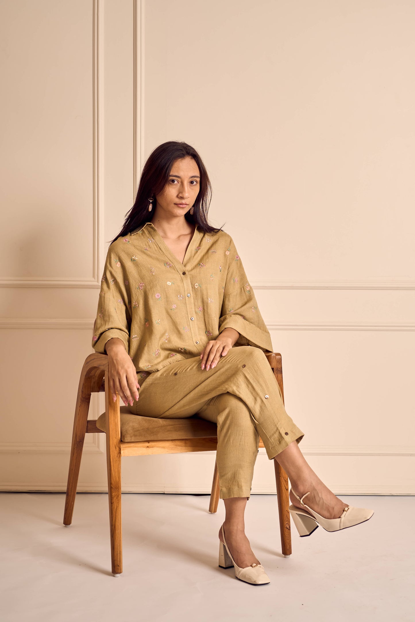 MEADOW MUSE SAGE Ditsy flower embroirdered Coord set in Linen
