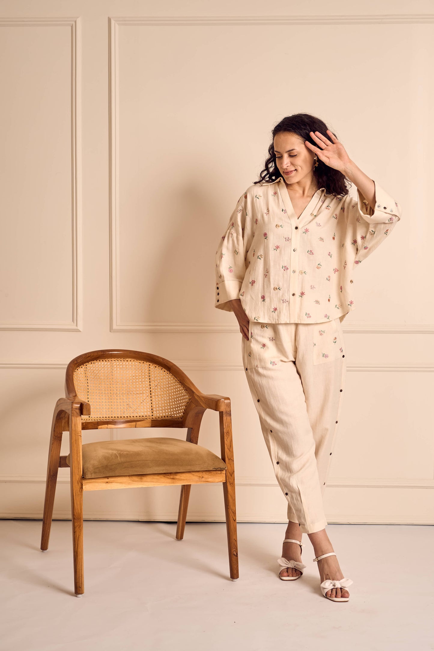 MEADOW MUSE IVORY Ditsy flower Embroidered Coord set in Linen