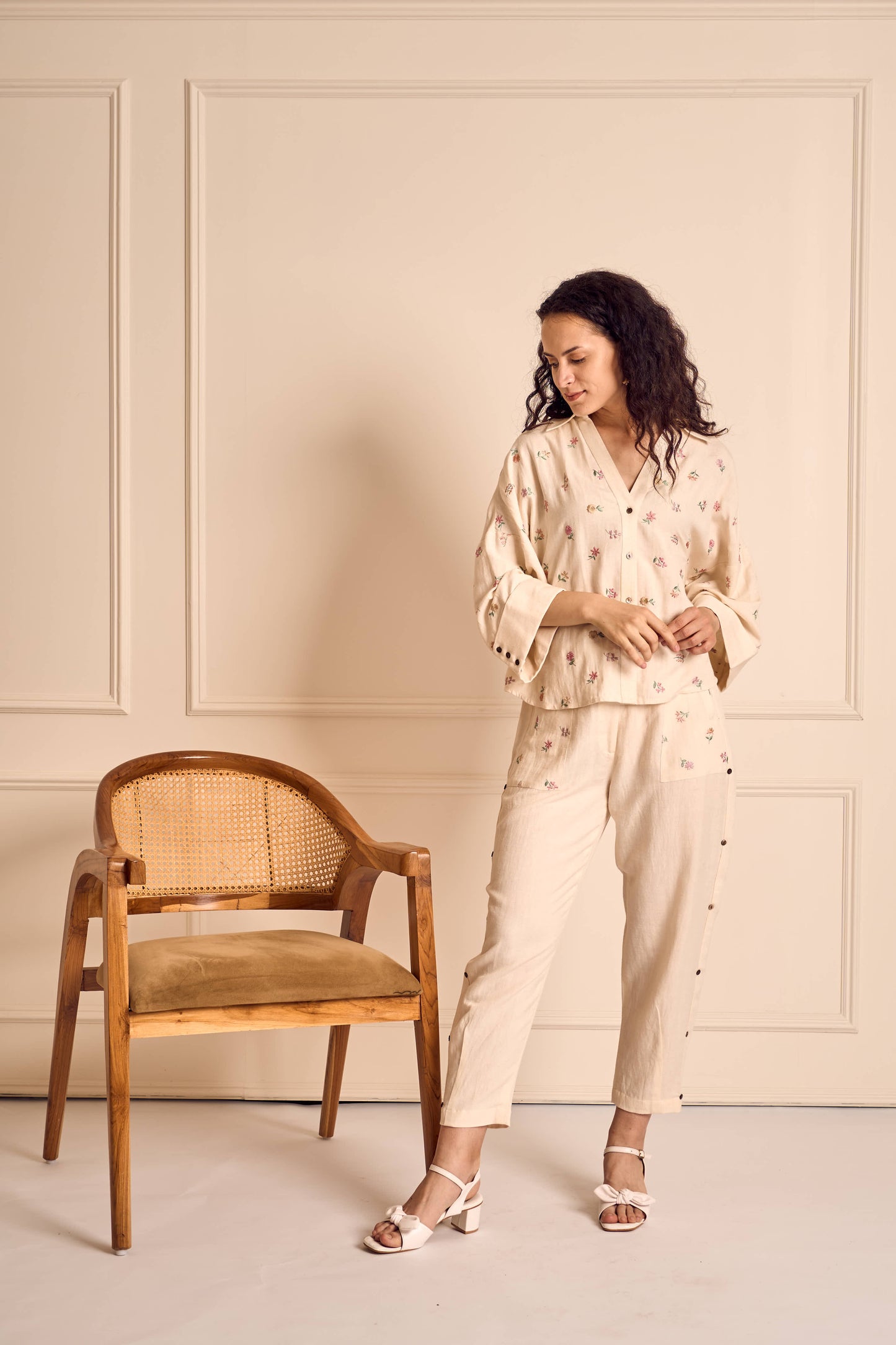 MEADOW MUSE IVORY Ditsy flower Embroidered Coord set in Linen