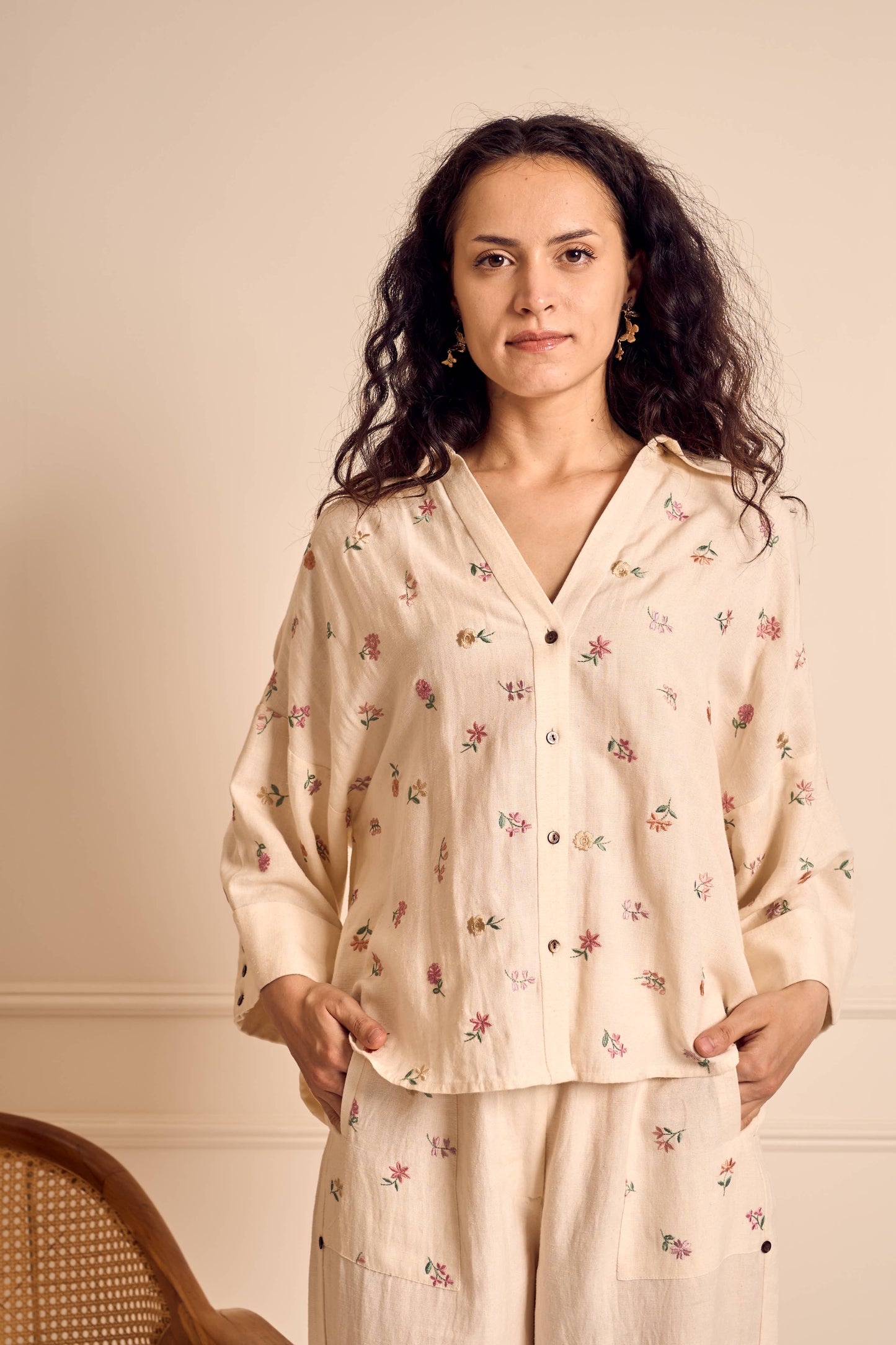 MEADOW MUSE IVORY Ditsy flower Embroidered Coord set in Linen