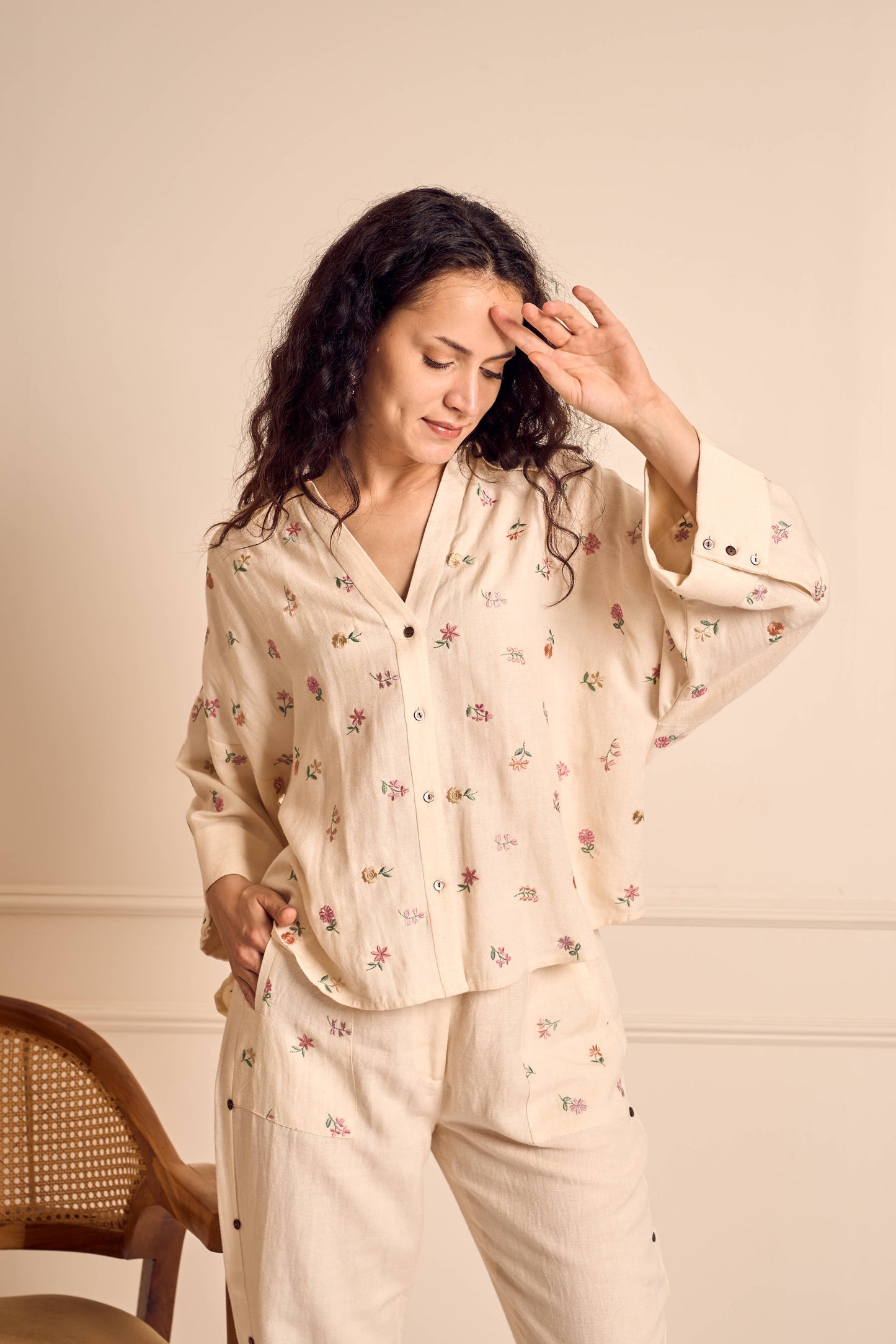 MEADOW MUSE IVORY Ditsy flower Embroidered Coord set in Linen