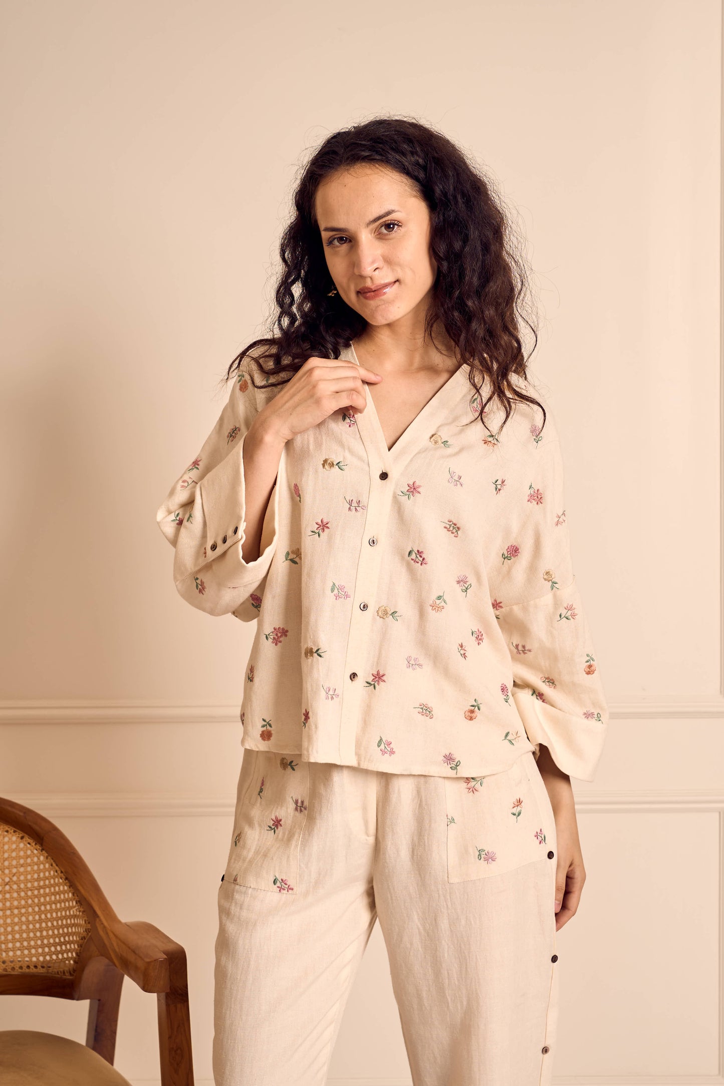 MEADOW MUSE IVORY Ditsy flower Embroidered Coord set in Linen