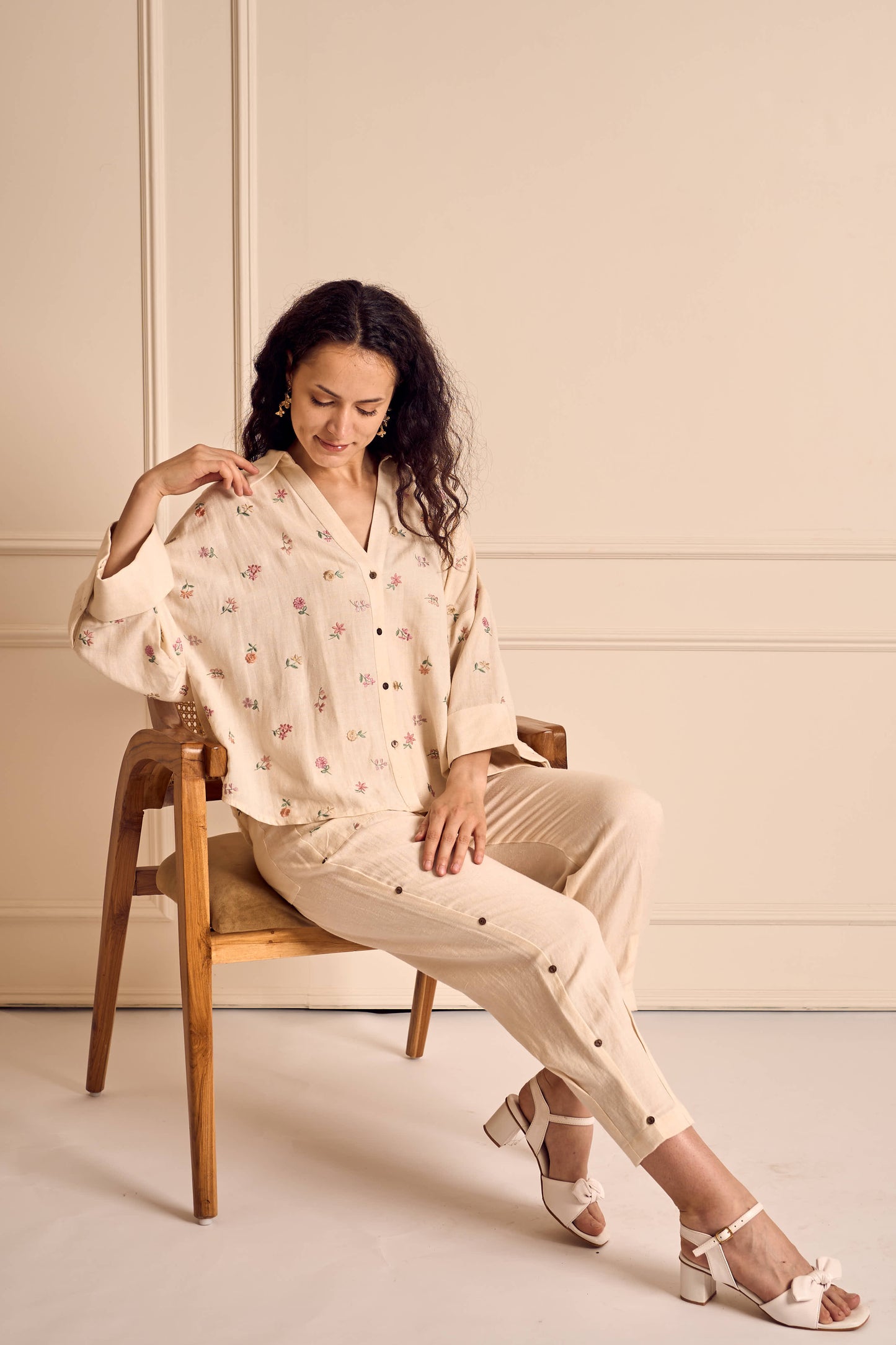 MEADOW MUSE IVORY Ditsy flower Embroidered Coord set in Linen