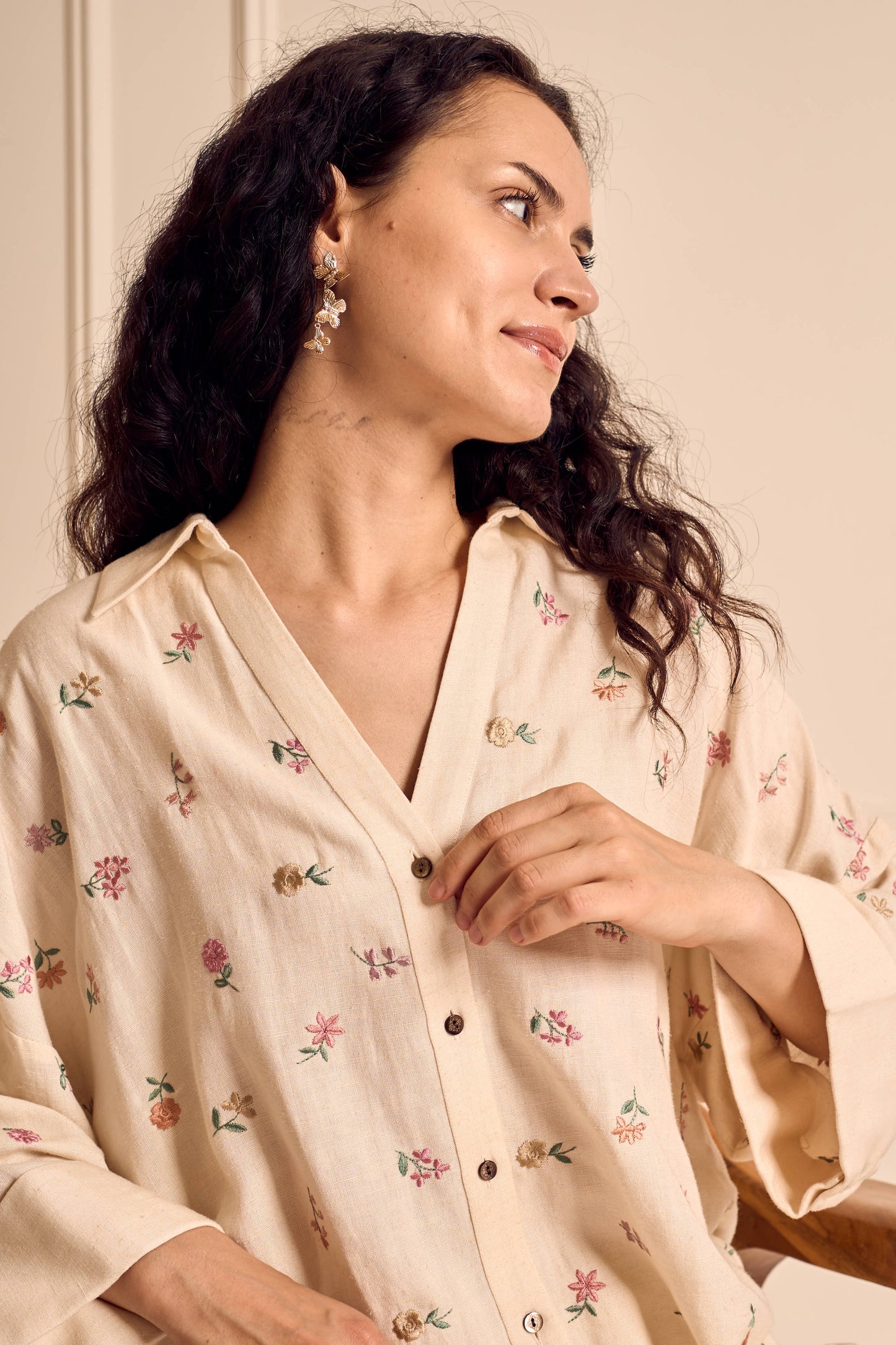 MEADOW MUSE IVORY Ditsy flower Embroidered Coord set in Linen