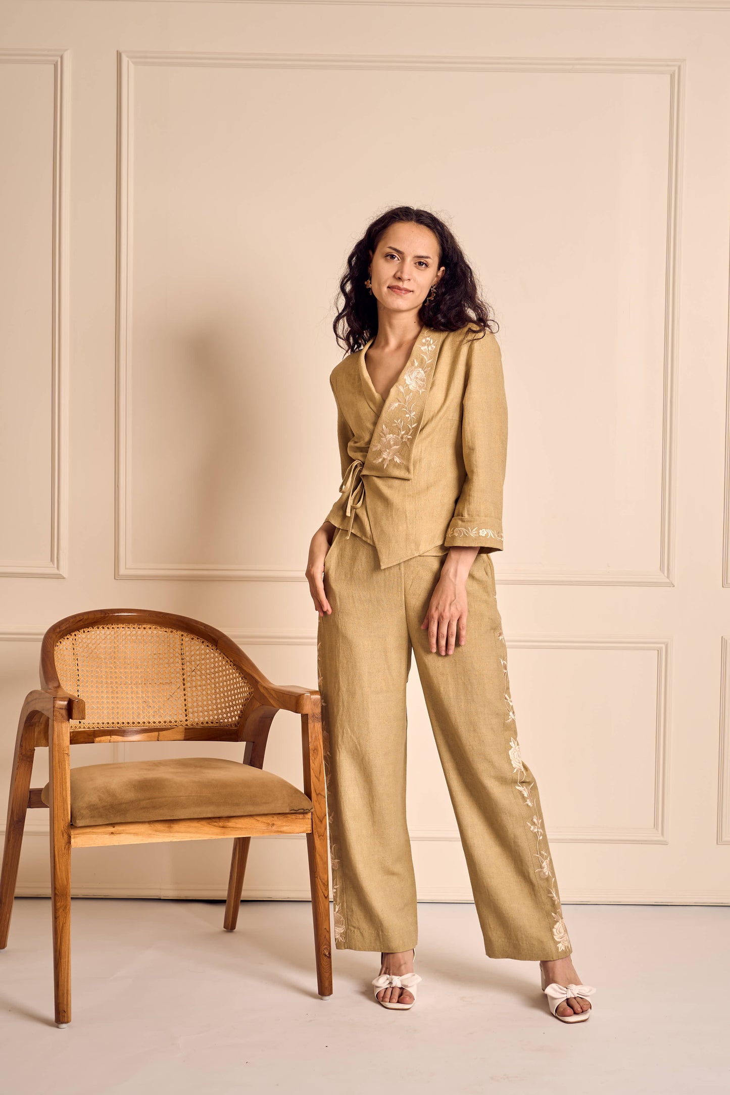 OLIVE GRACE Sage Wrap collar placement embroidery Coord set with Side seam embroidery on pant