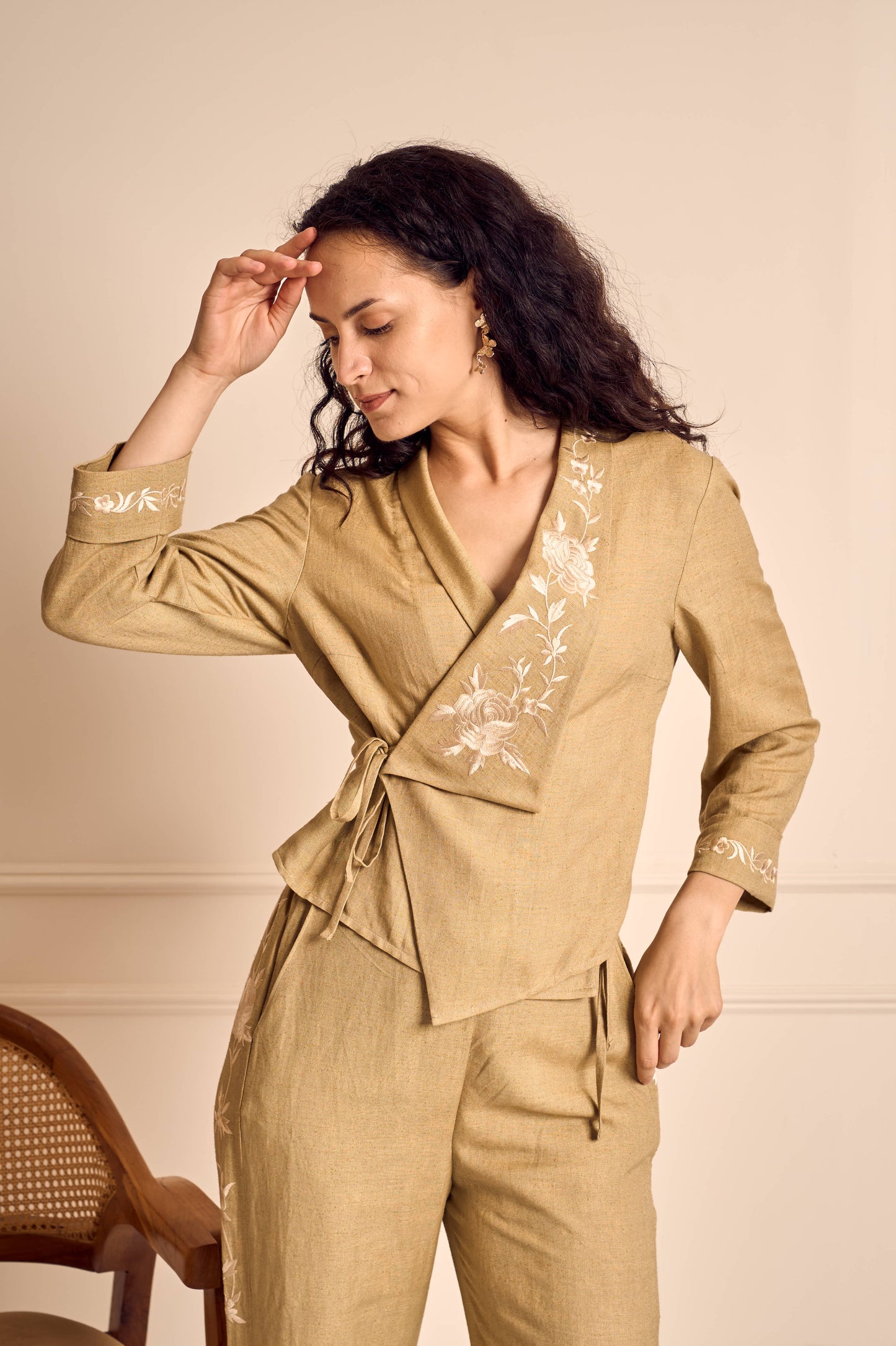OLIVE GRACE Sage Wrap collar placement embroidery Coord set with Side seam embroidery on pant