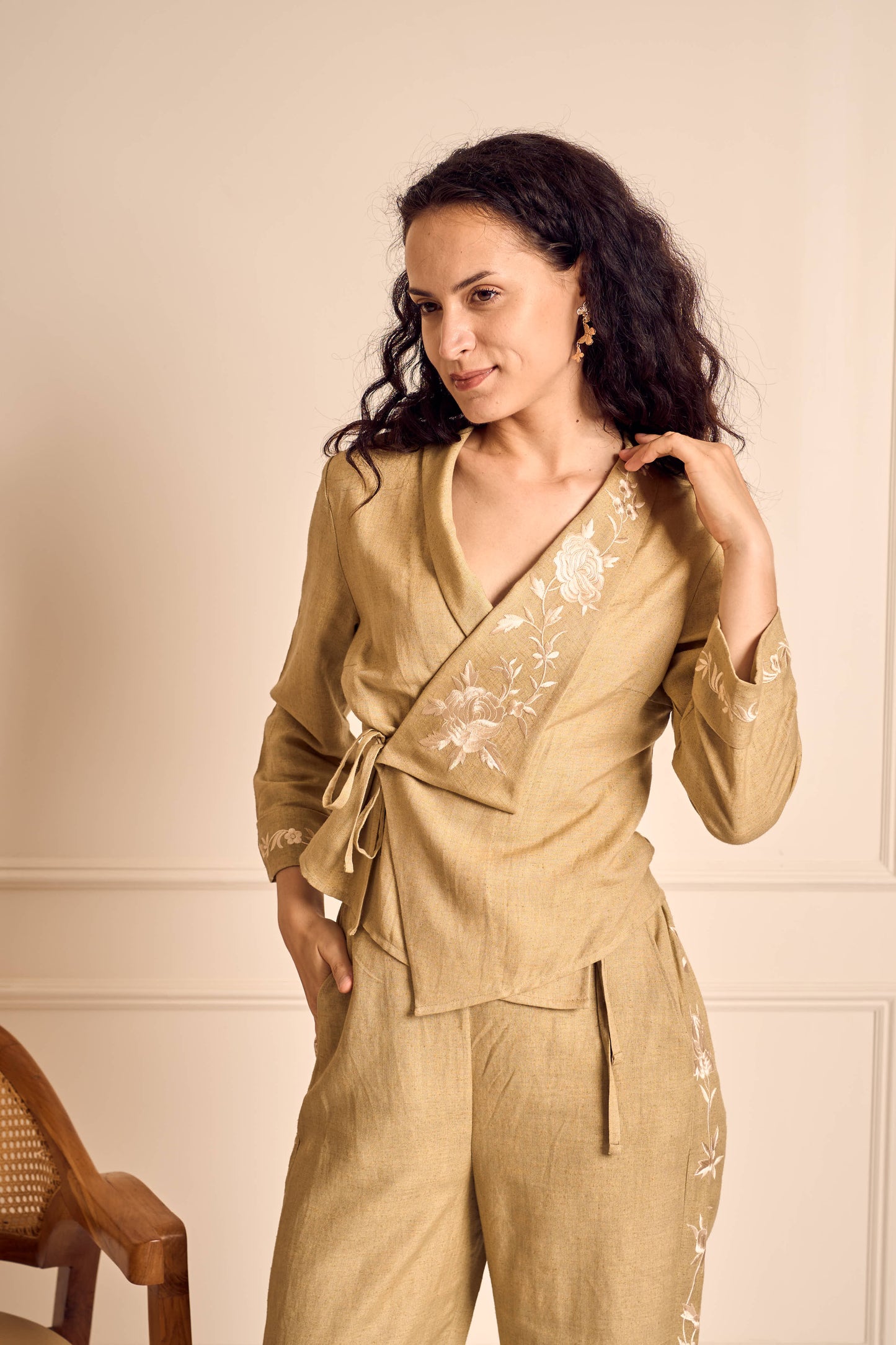 OLIVE GRACE Sage Wrap collar placement embroidery Coord set with Side seam embroidery on pant