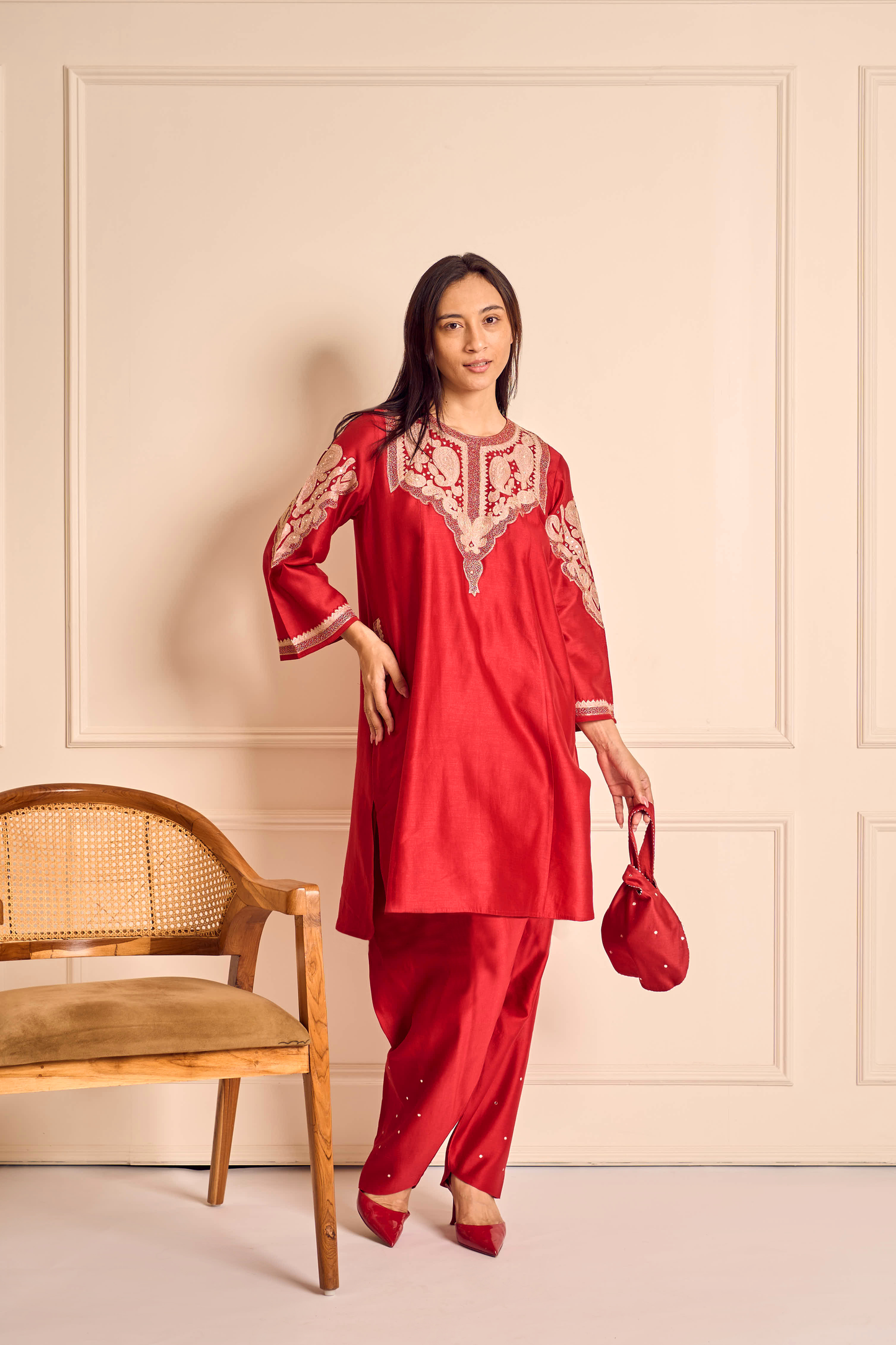 RUBANI Crimson Red Chanderi Kurta Set with Tissue Applique Mirror Work