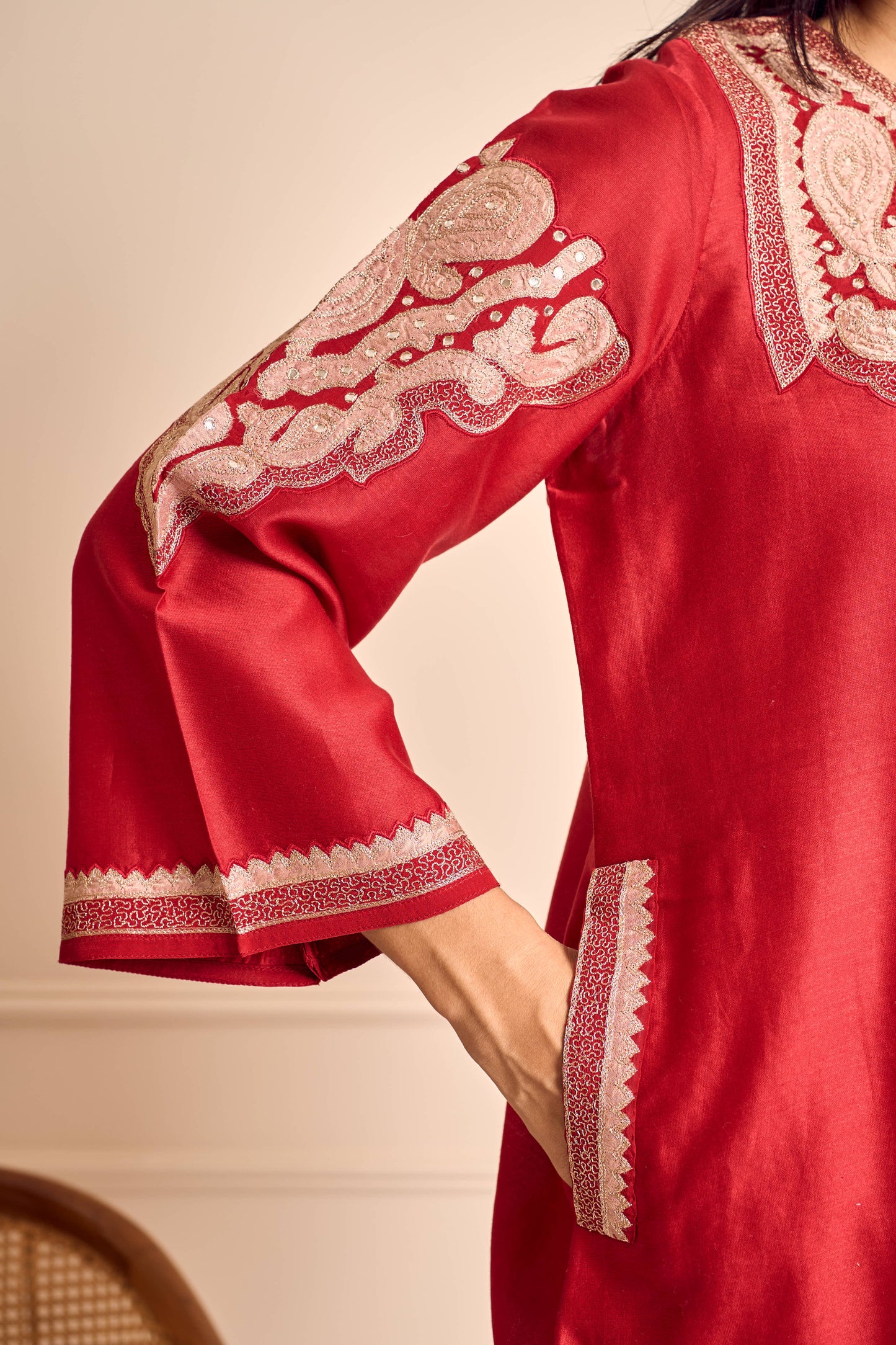 RUBANI Crimson Red Chanderi Kurta Set with Tissue Applique Mirror Work