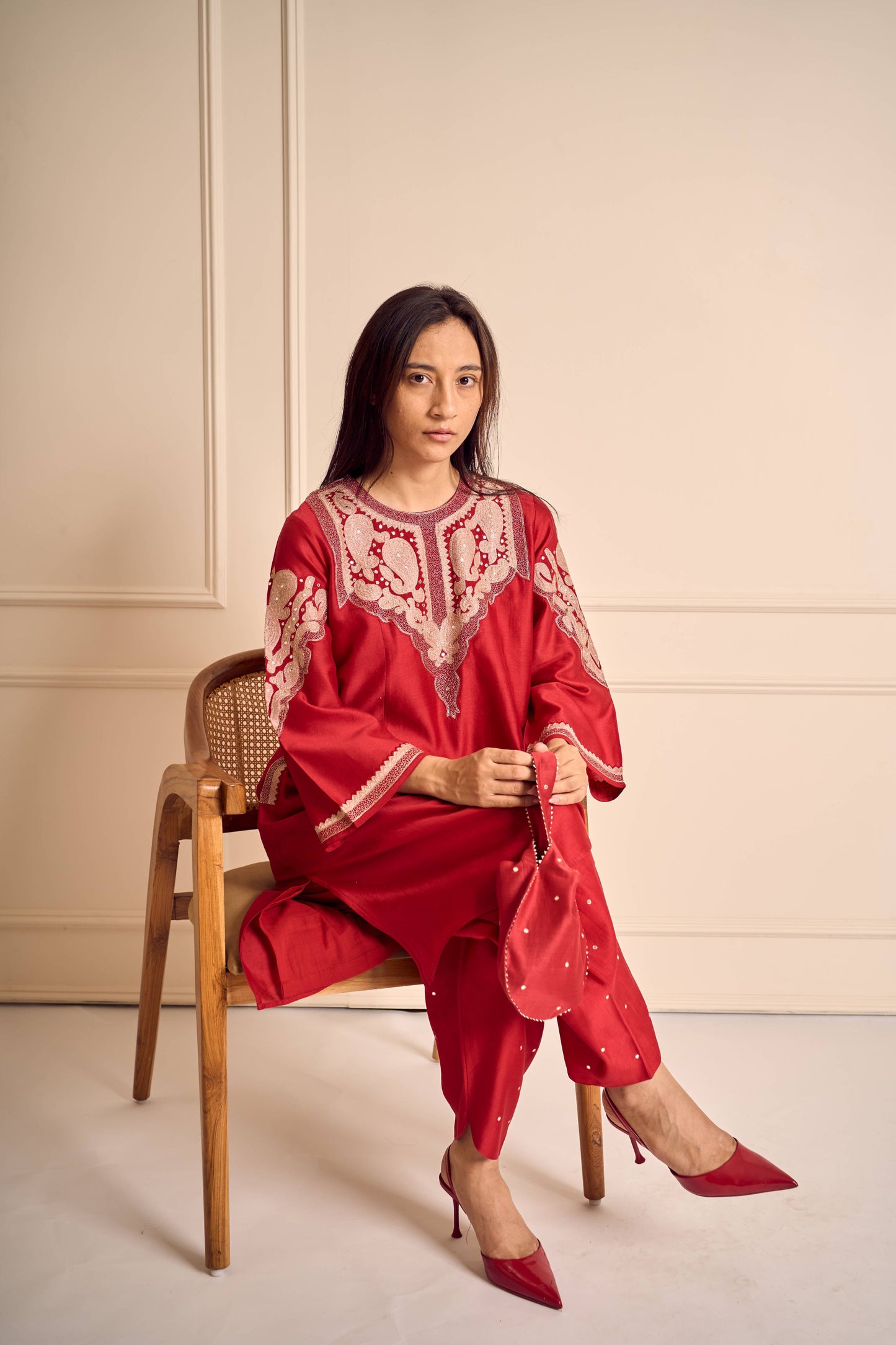RUBANI Crimson Red Chanderi Kurta Set with Tissue Applique Mirror Work
