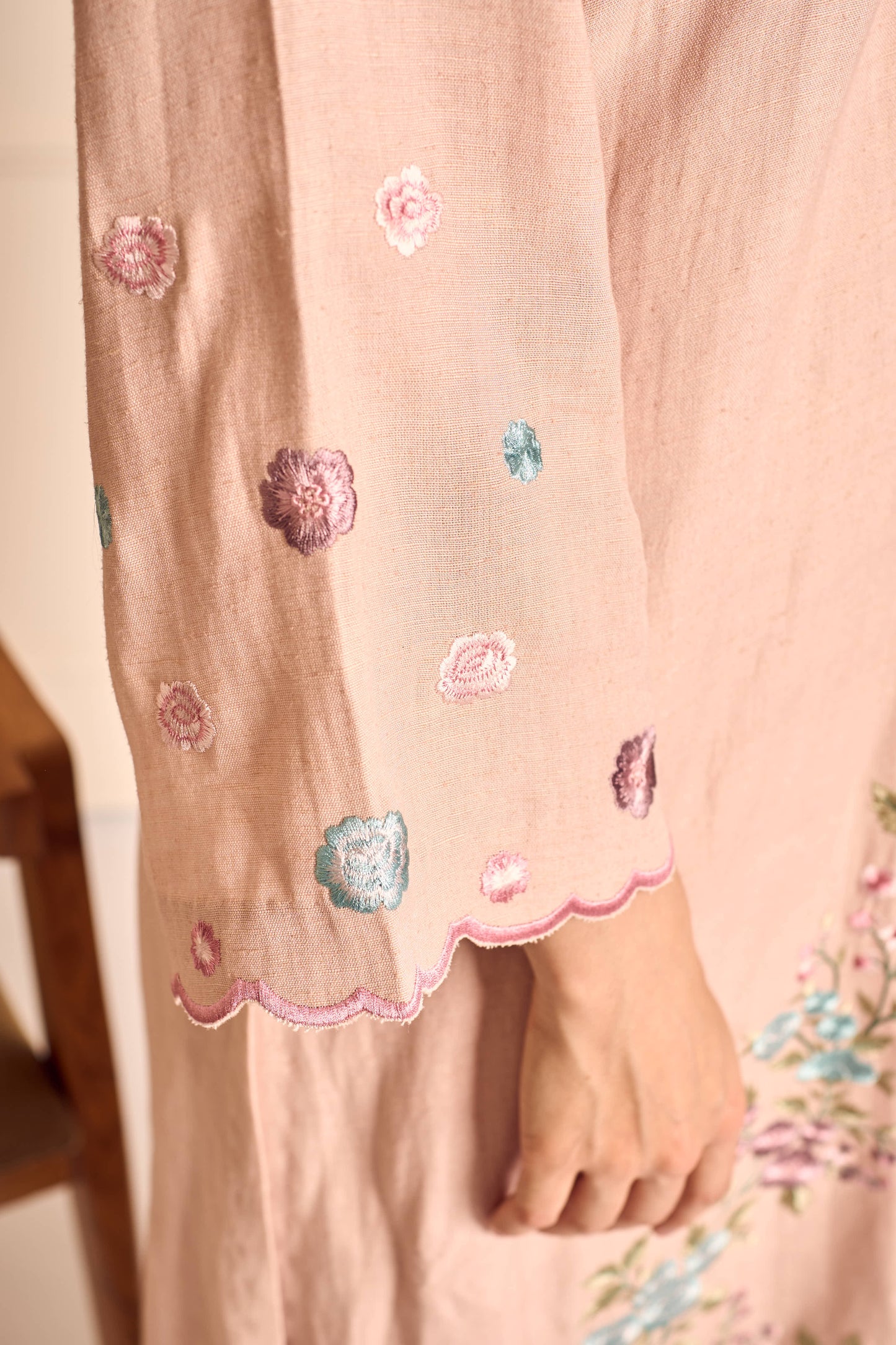 SAANJH BLOOM Pink Linen Kurta and Salwar suit with embroidered Vine and scallops