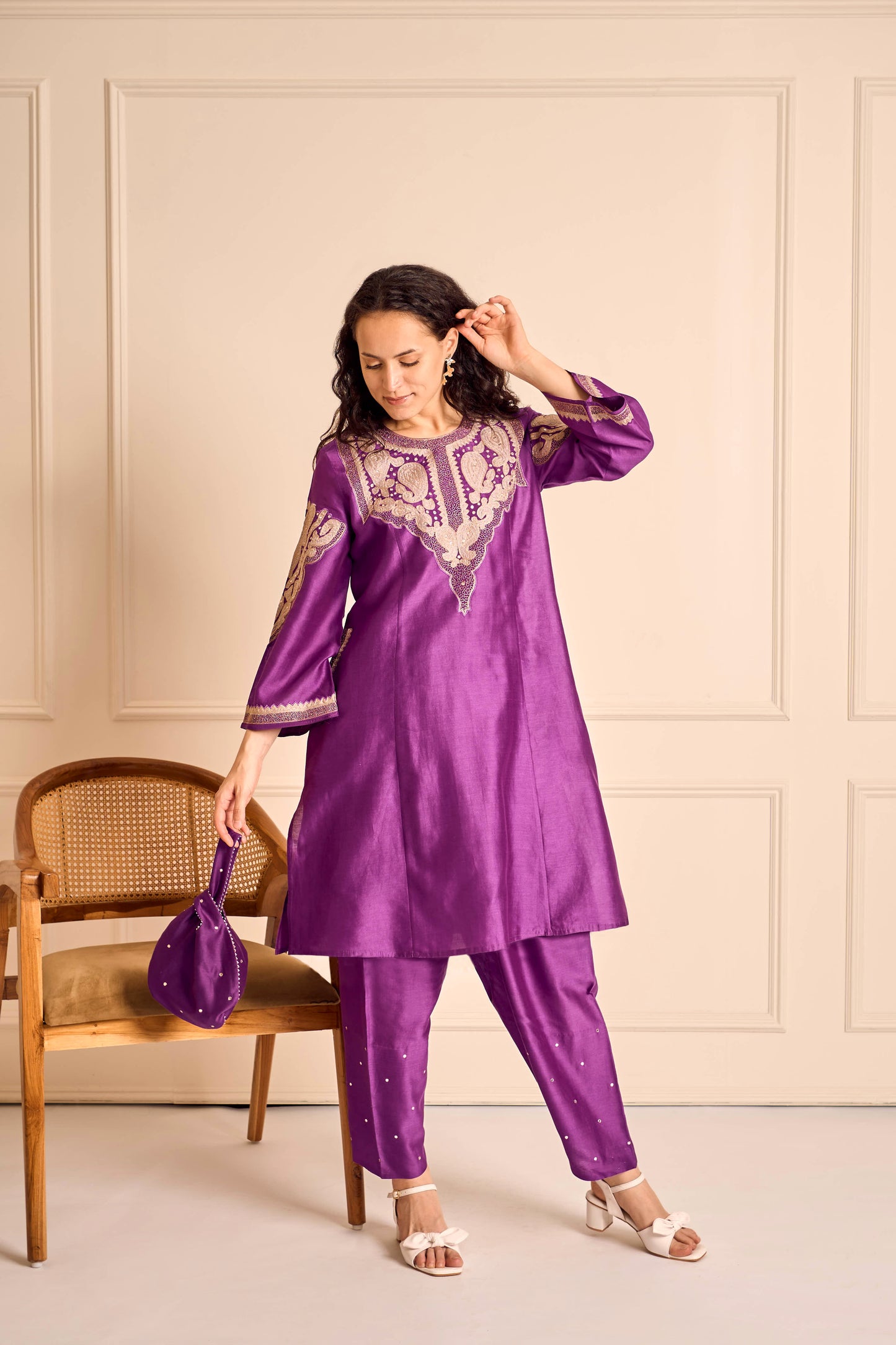 RUBANI Orchid Violet Chanderi Kurta Set Tissue Applique Mirror Work