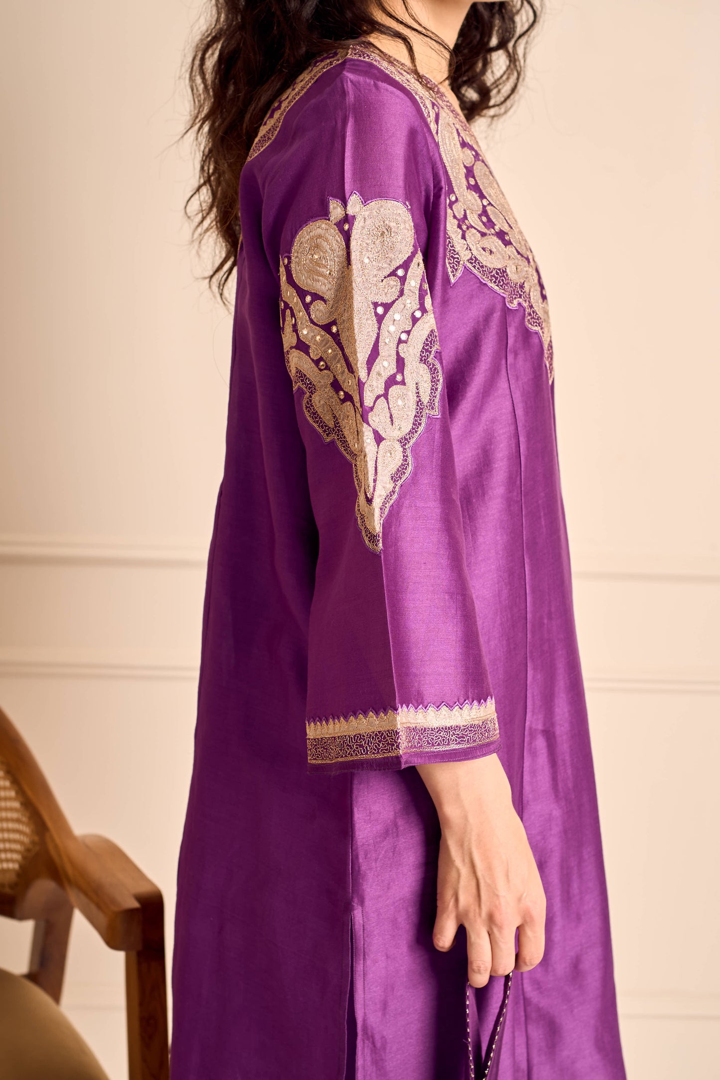 RUBANI Orchid Violet Chanderi Kurta Set Tissue Applique Mirror Work