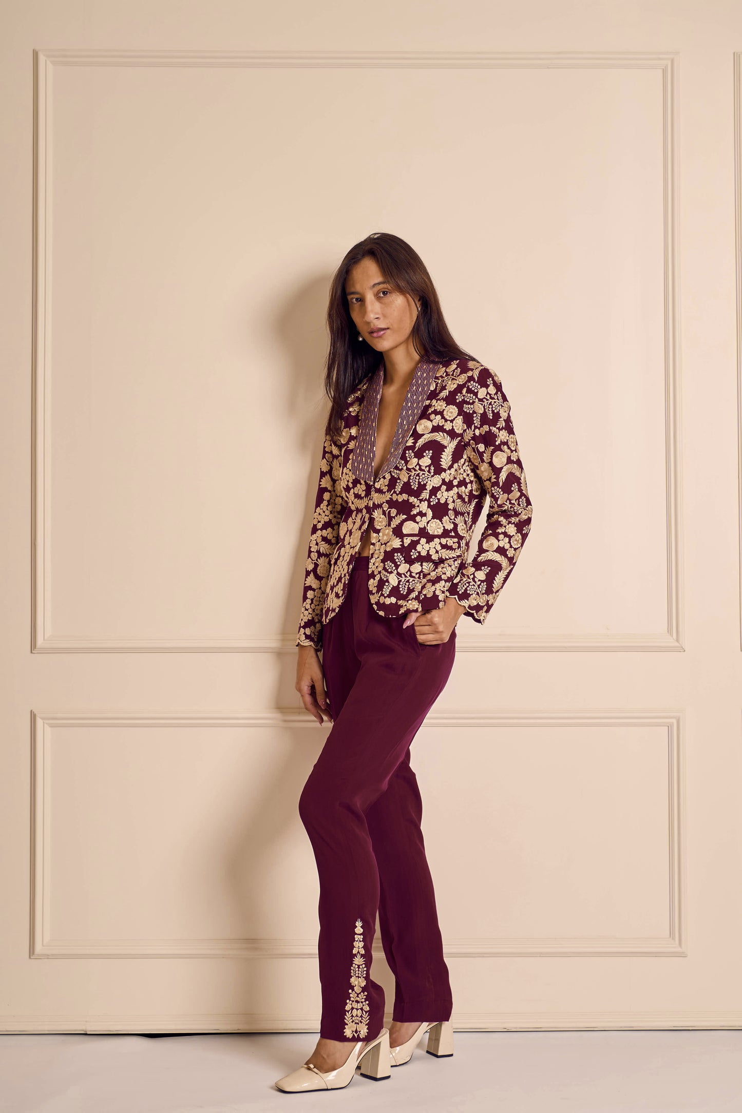 NAAZ Burgundy Pure silk crepe Embroidered jacket with embroidered pants