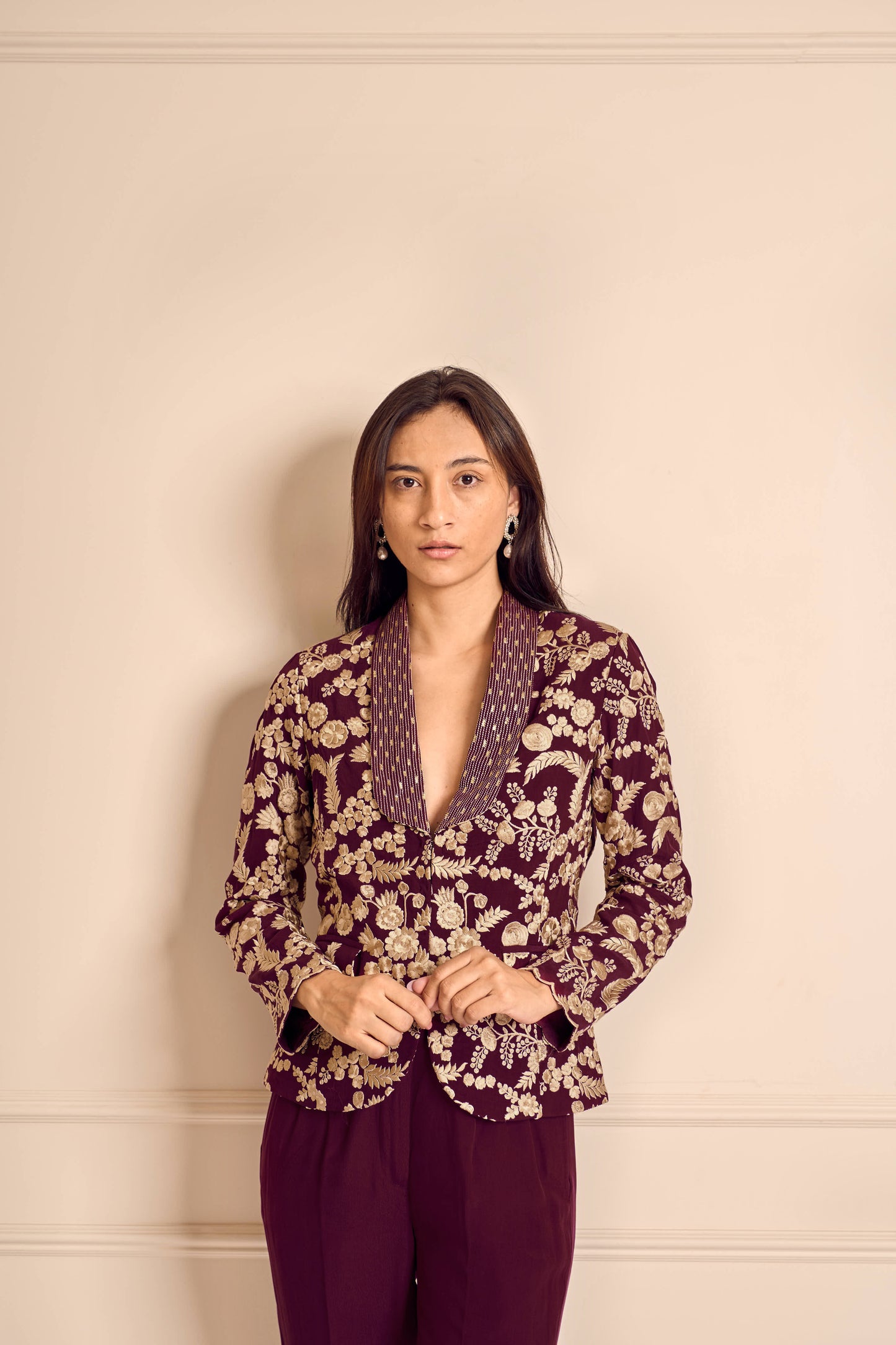 NAAZ Burgundy Pure silk crepe Embroidered jacket with embroidered pants