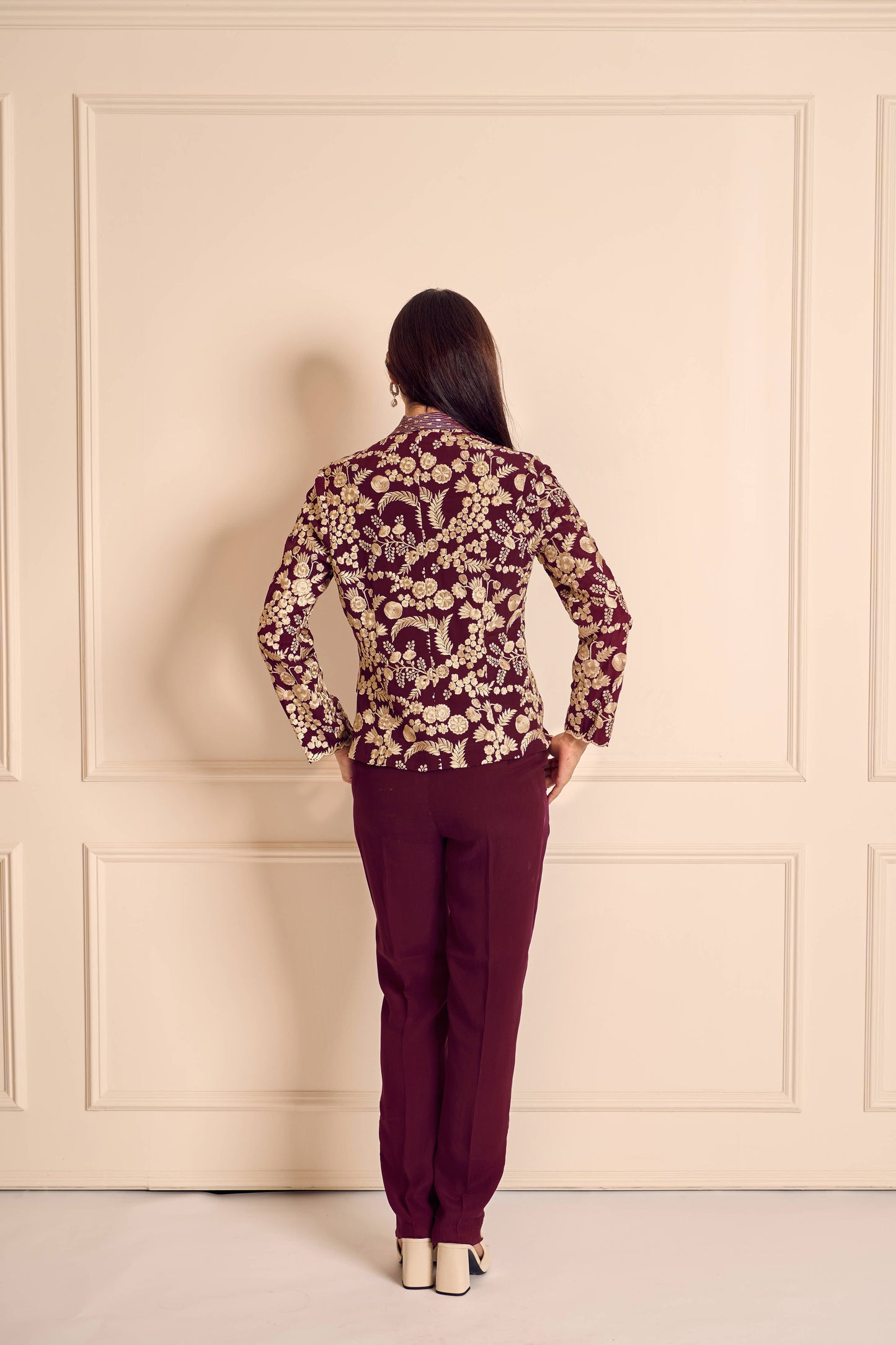 NAAZ Burgundy Pure silk crepe Embroidered Jacket
