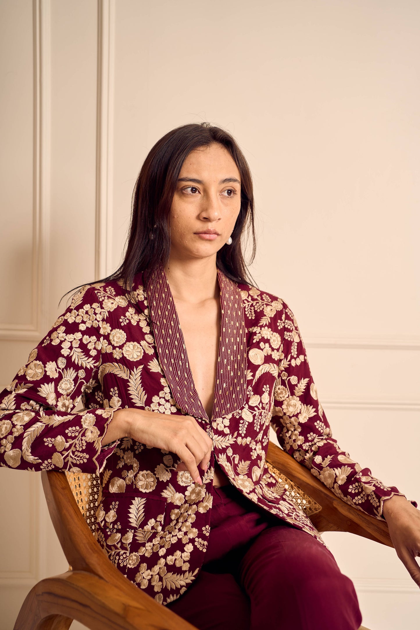 NAAZ Burgundy Pure silk crepe Embroidered Jacket