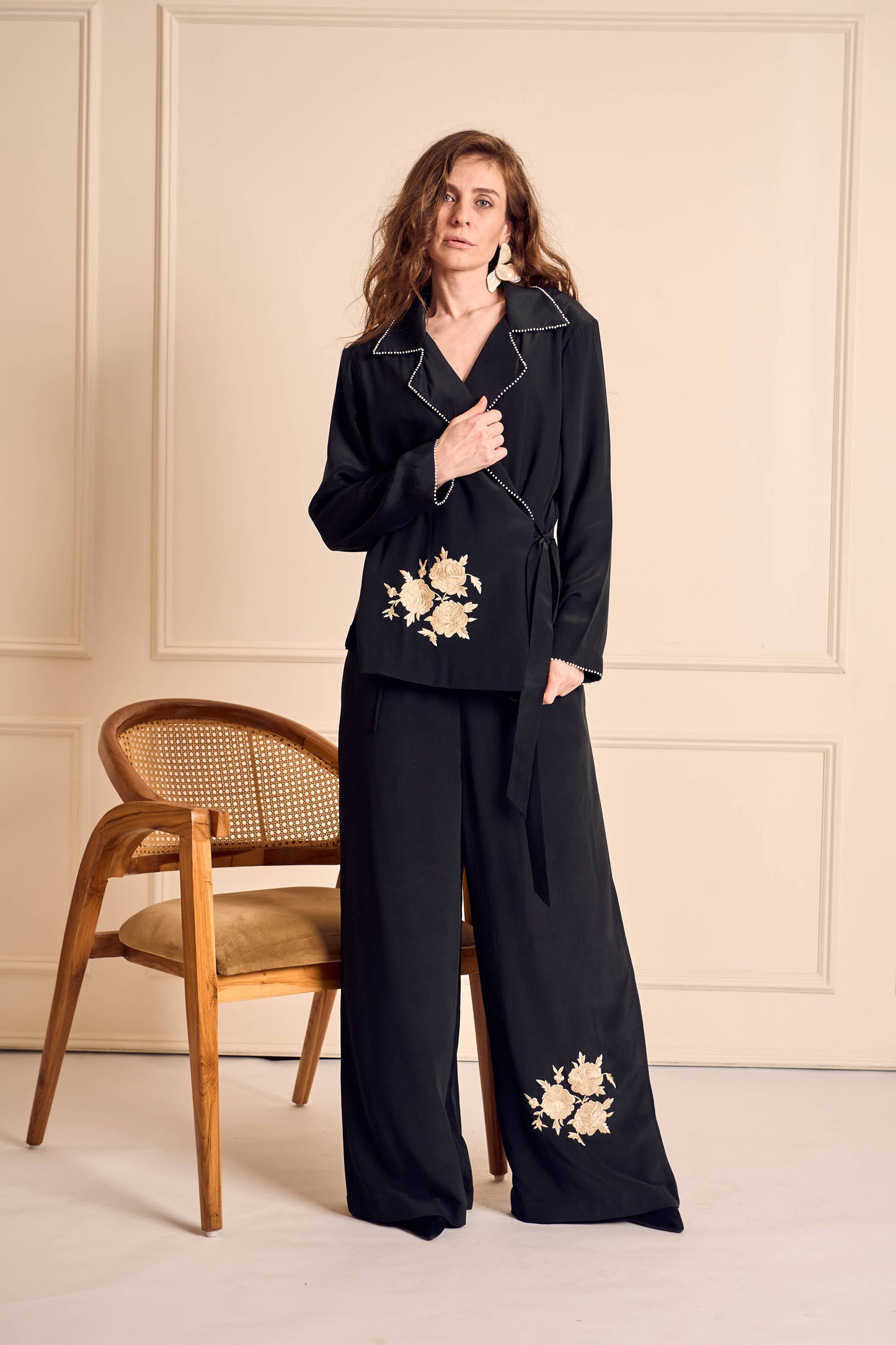 NOOR Black Pure Silk Crepe Wrapped Blazer with Straight Pants