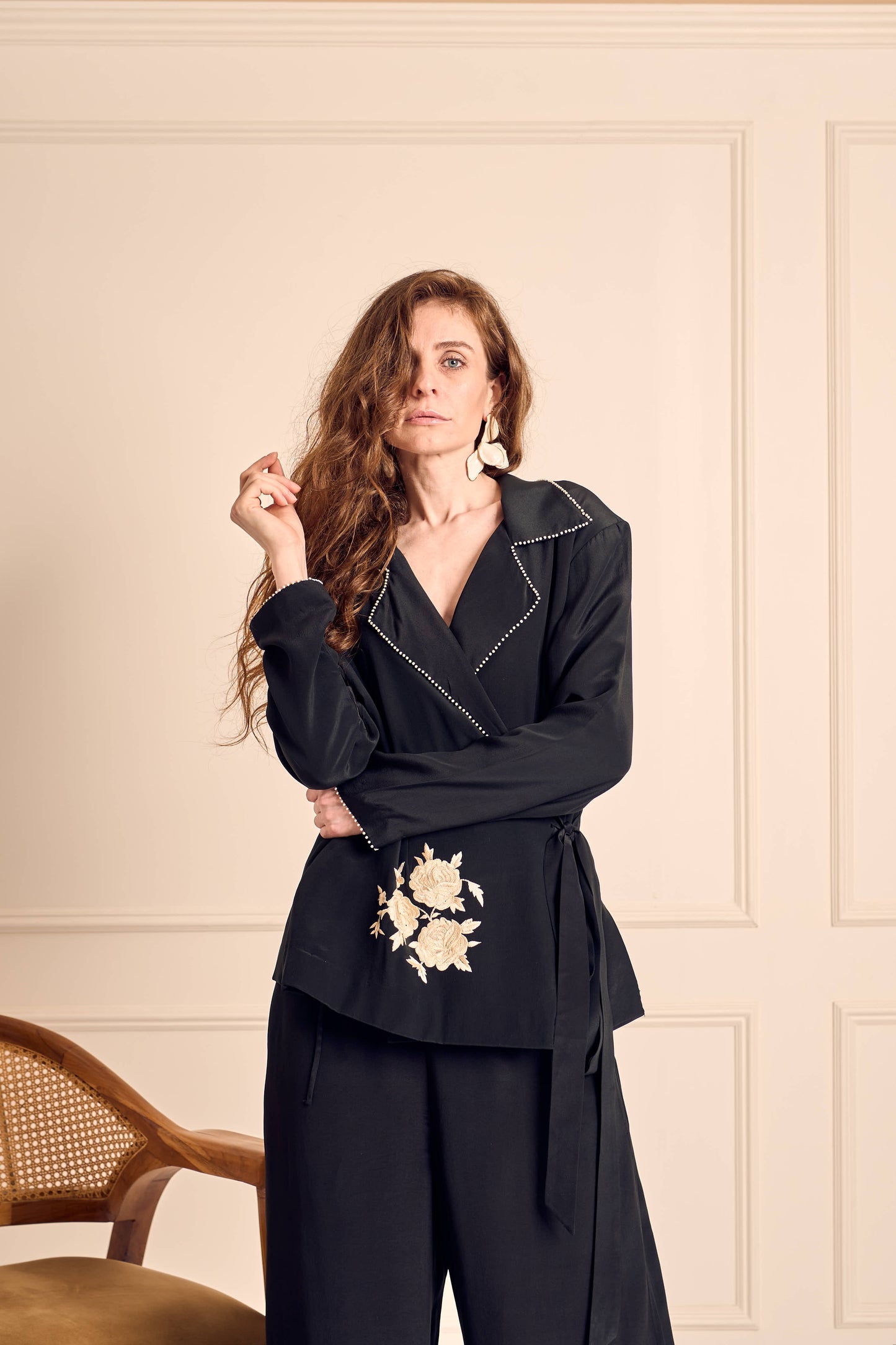 NOOR Black Pure Silk Crepe Wrapped Blazer with Straight Pants