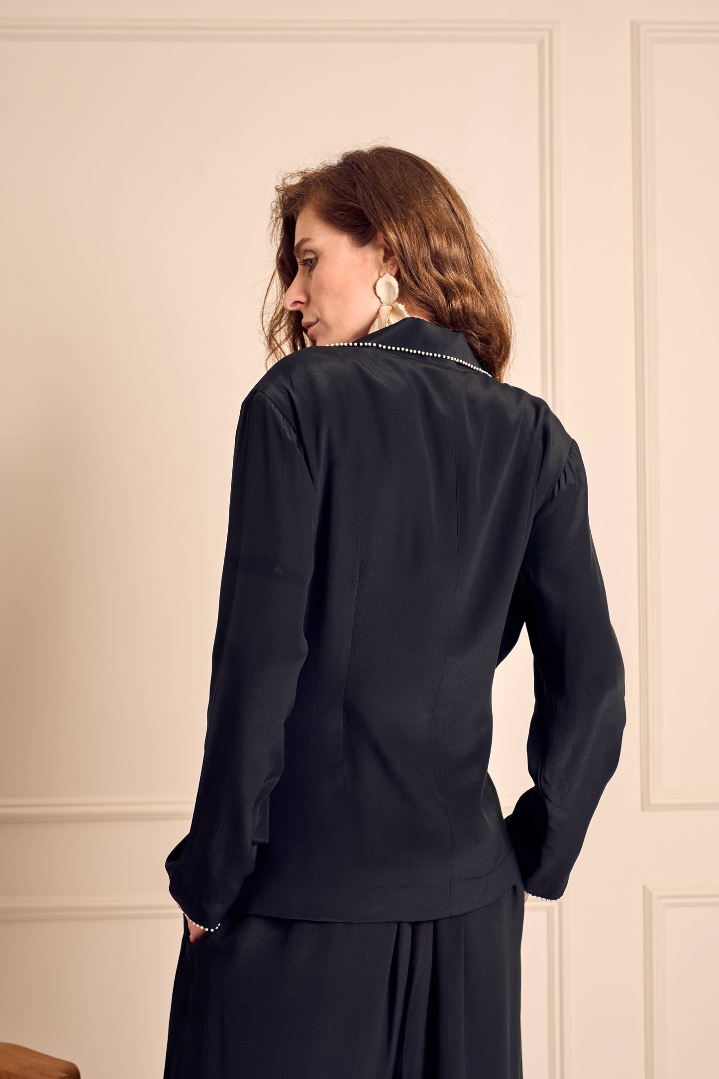 NOOR Black Pure Silk Crepe Wrapped Blazer with Straight Pants