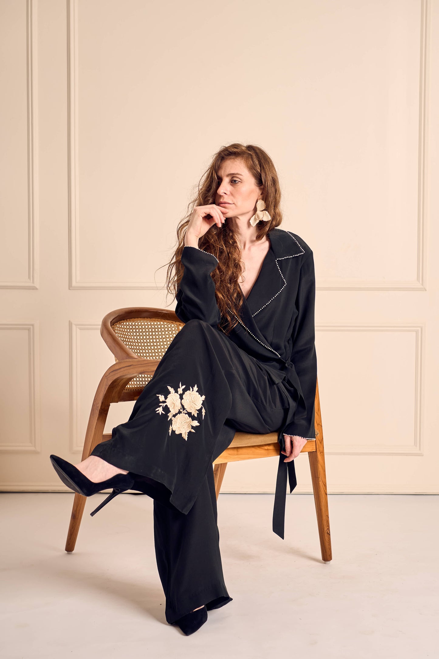 NOOR Black Pure Silk Crepe Wrapped Blazer with Straight Pants