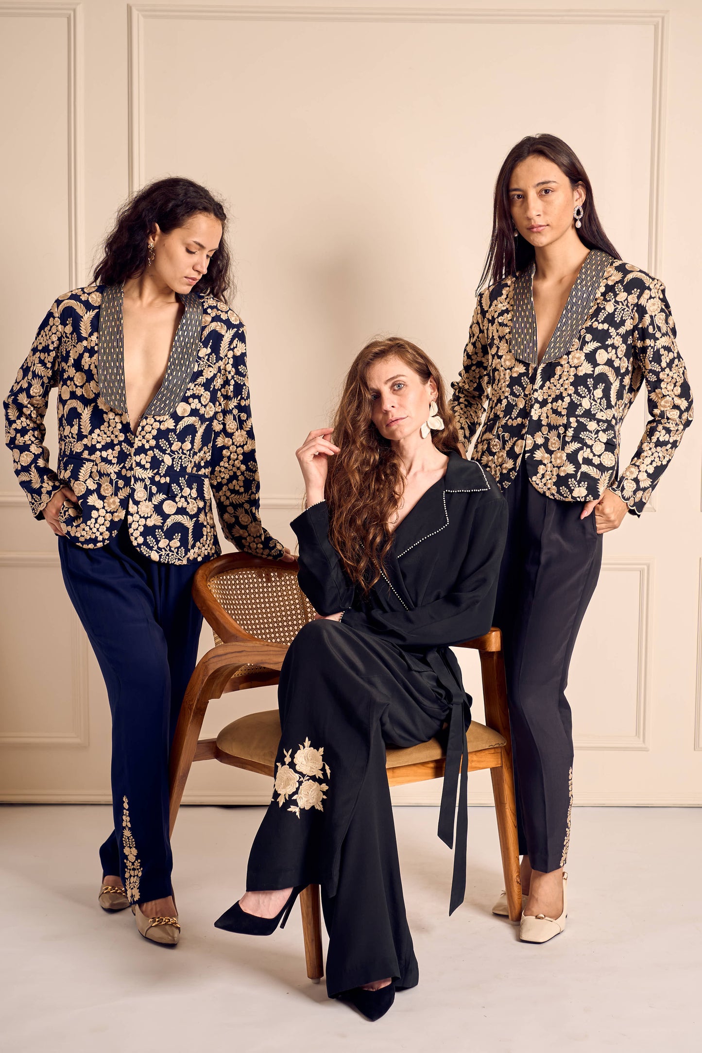 NOOR Black Pure Silk Crepe Wrapped Blazer with Straight Pants