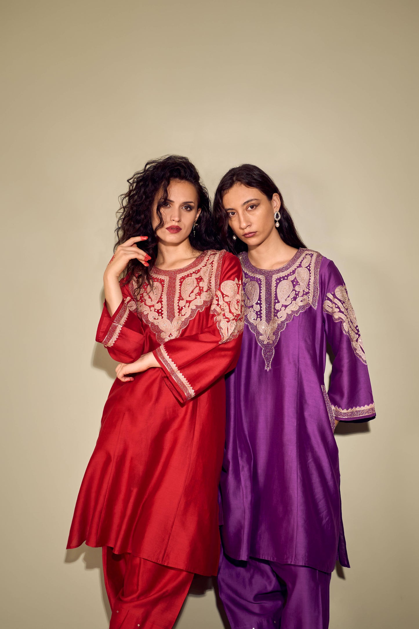 RUBANI Crimson Red Chanderi Kurta Set with Tissue Applique Mirror Work