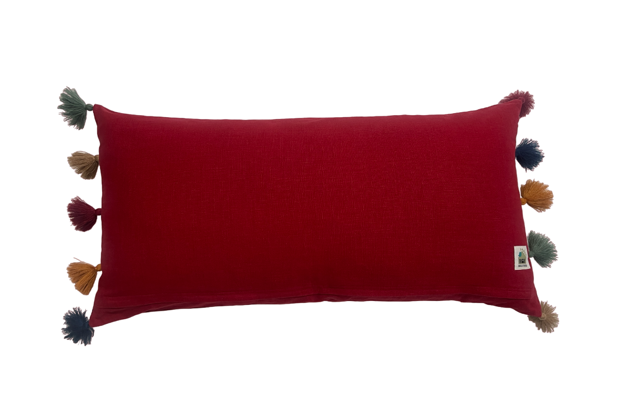 Sambhalpur Ikat Embroidered Red Base Cushion Cover