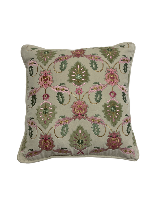 Exotic Flora Velvet Applique Embroidered Off White Sage Green Cushion Cover