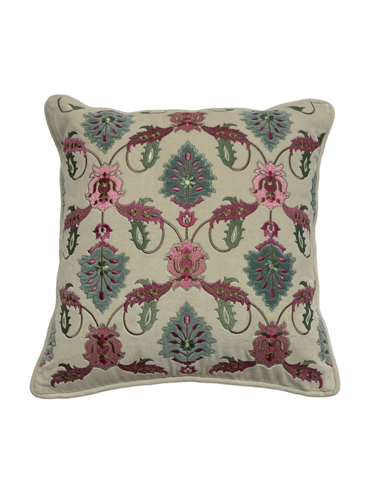 Exotic Flora Velvet  Applique  Embroidered  Off White Aqua Cushion Cover