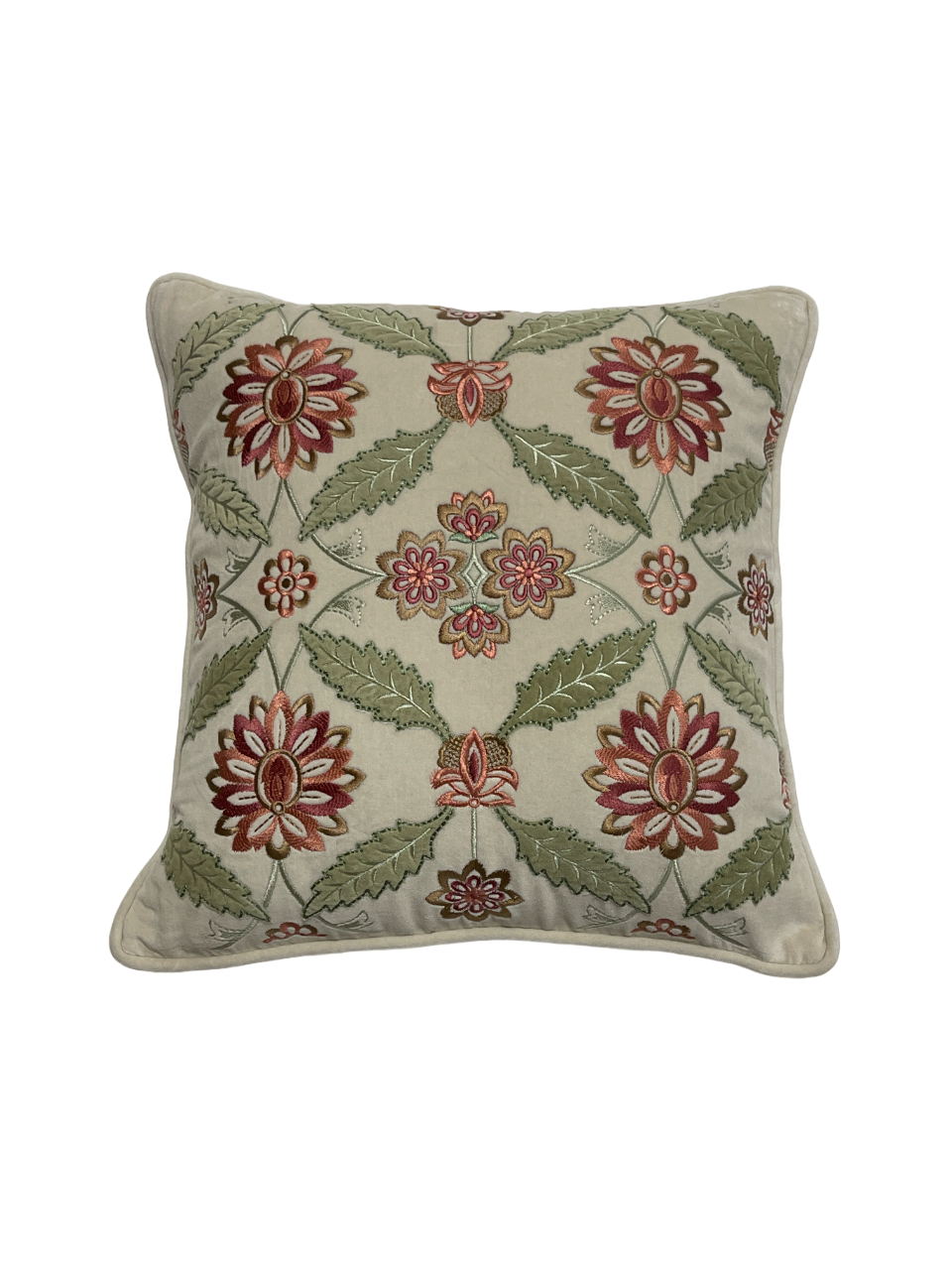 Exotic Flora Velvet Applique Embroidered Off White Peach Cushion Cover