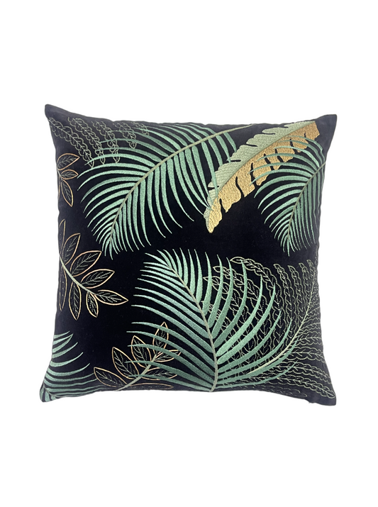 Amazon Forest Embroidered Black Green Leaves Cushion Cover