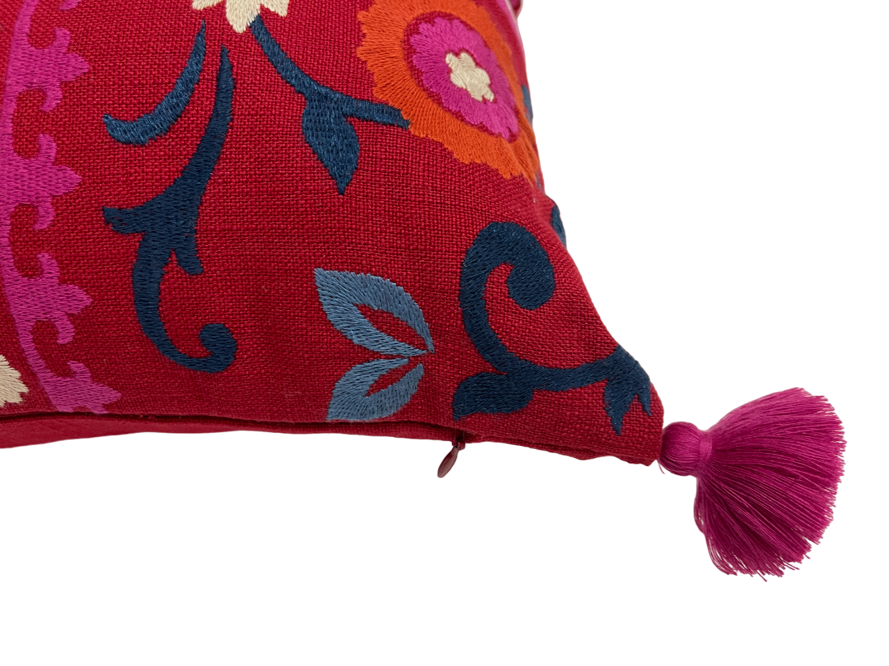 Tashkent Suzani Embroidered Red Cushion Cover with Tassels