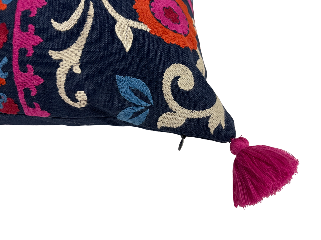 Tashkent Suzani Embroidered Midnight Blue Cushion Cover with Tassels